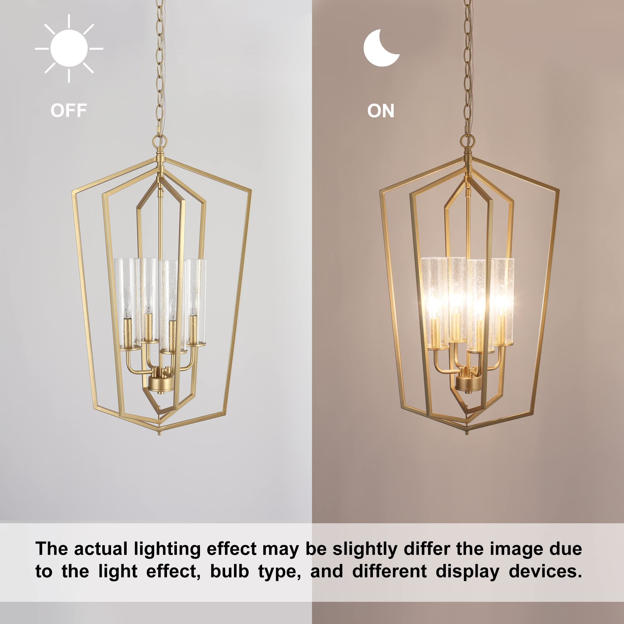 Modern Gold Chandelier - 4-Light Rotatable Geometric Lantern Pendant Light with Seeded Glass Shade - Elegant Lighting for Kitchen Island, Dining Room, Foyer & Bedroom - Perfect for Contemporary Home Decor & Interior Design