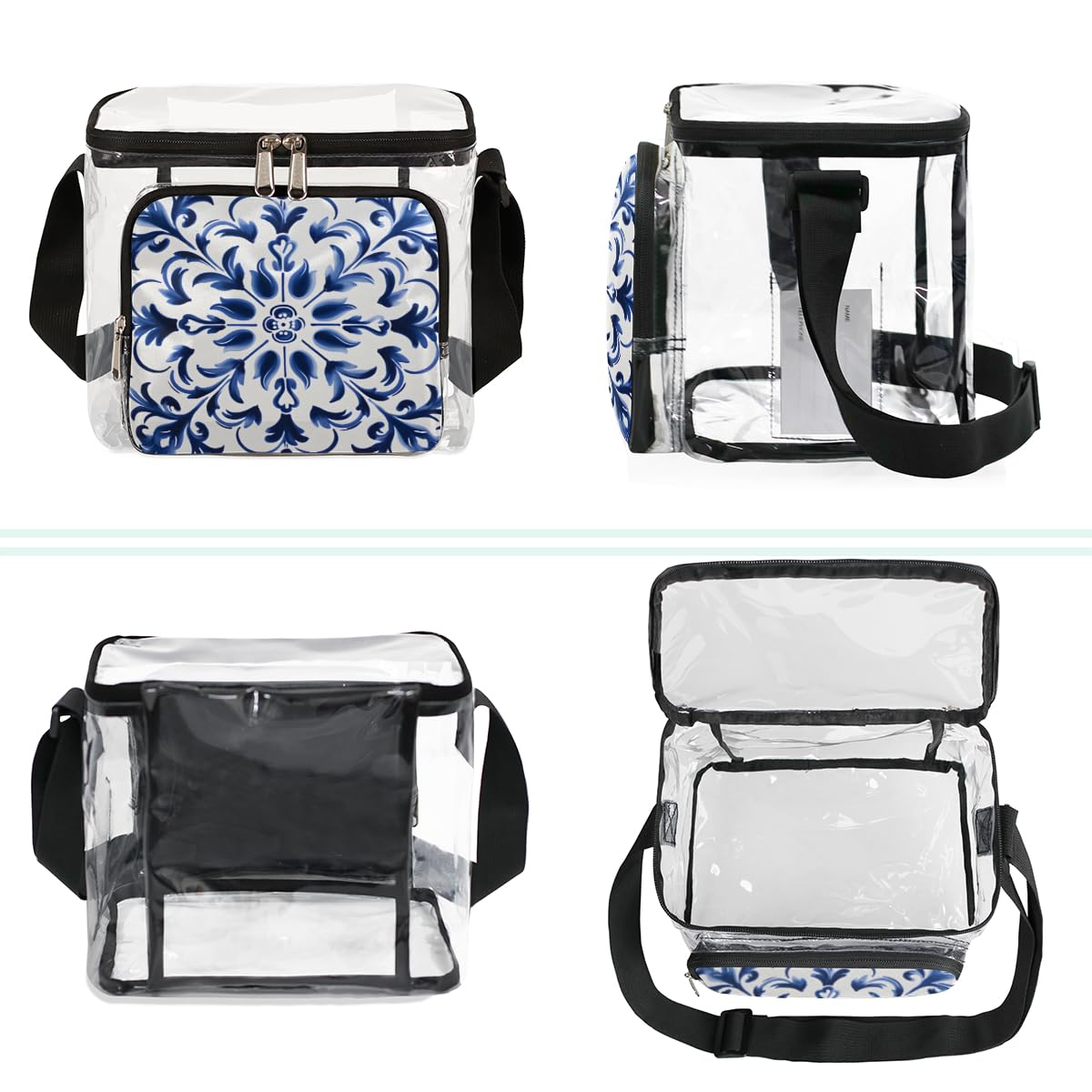 GzLeyigou Blue Floral Transparent Tote Bag - Abstract Flower Design with Handles, Crossbody & Shoulder Strap - Perfect for Outdoor, Travel, Picnic, Concerts & Sports Events (Stadium Approved) - Great for Beach Days, Shopping Trips and Festival Essentials