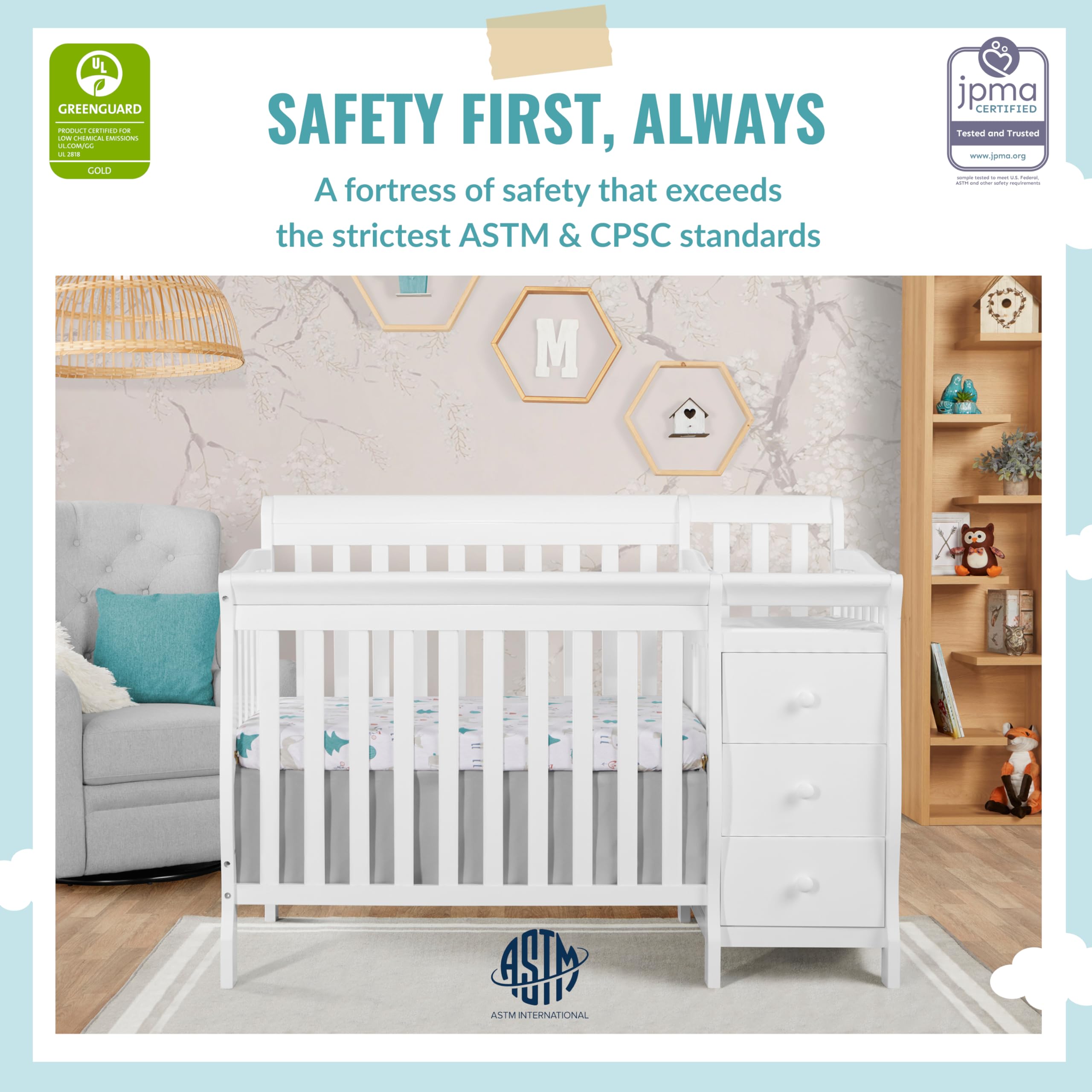 Dream On Me Jayden 4-in-1 Mini Convertible Crib & Changer - White | Greenguard Gold Certified | Non-Toxic New Zealand Pinewood | 1