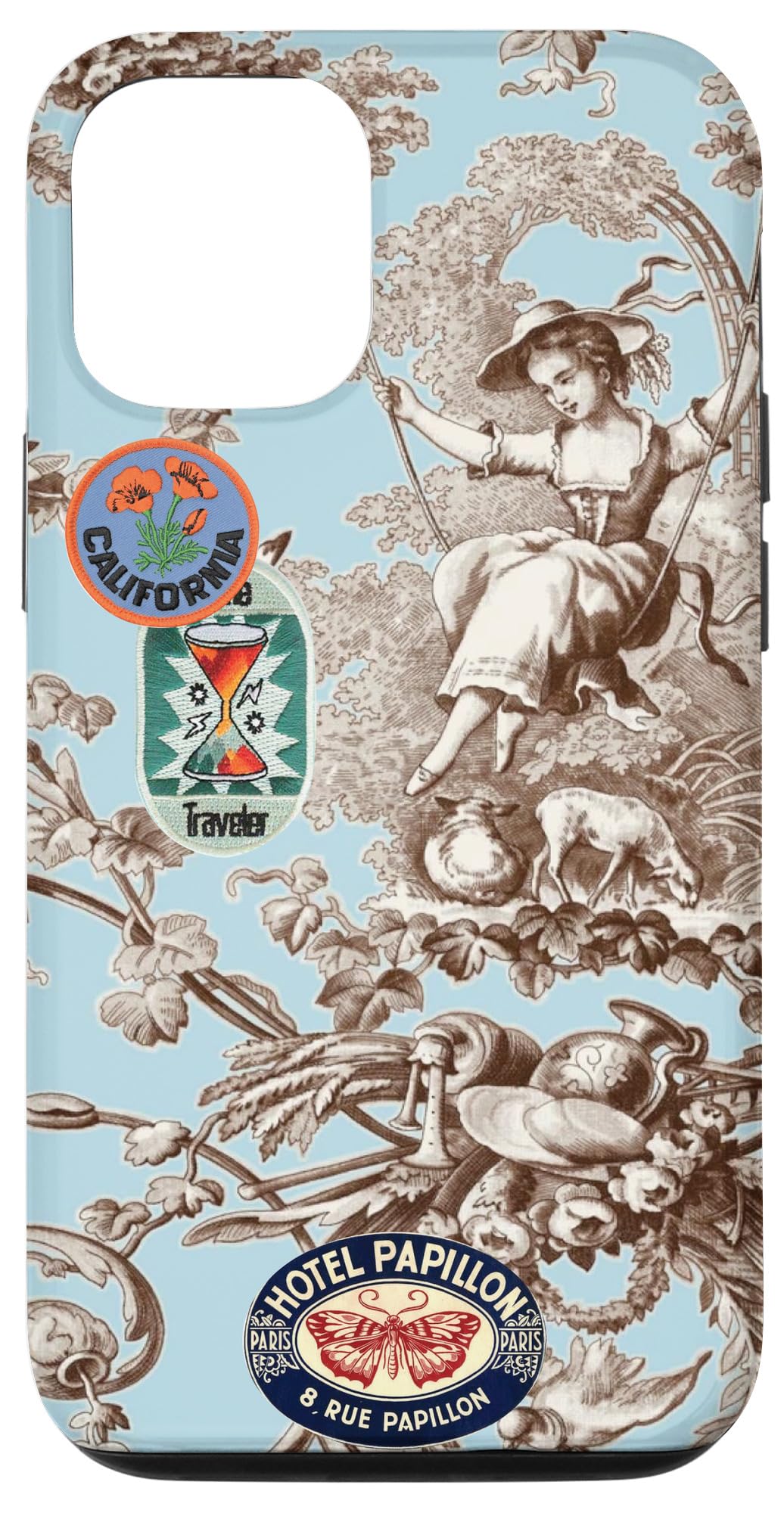 iPhone 12/12 Pro Case - Elegant Toile de Jouy Pattern & Unique Sticker Design in Sky Blue | Slim Protective Cover for Everyday Use, Travel & Work