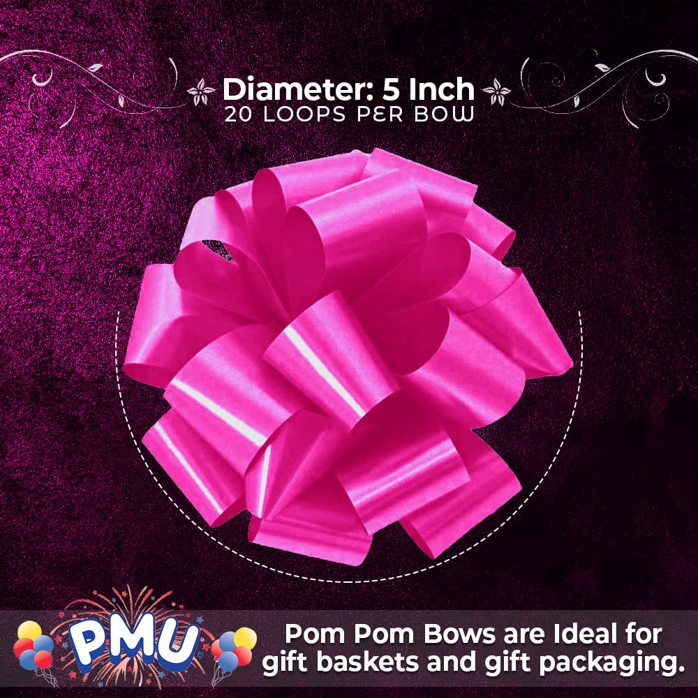 PMU Pom-Pom Pull-Apart Bows - 5 Inch 20 Loops Hot Pink Ribbon Bows (50/pkg) for Wedding Decorations, Birthday Parties, Anniversary Gifts, Flower Arrangements, Basket Decor & Present Wrapping - Perfect for DIY Crafts, Party Favors and Festive Home Decor