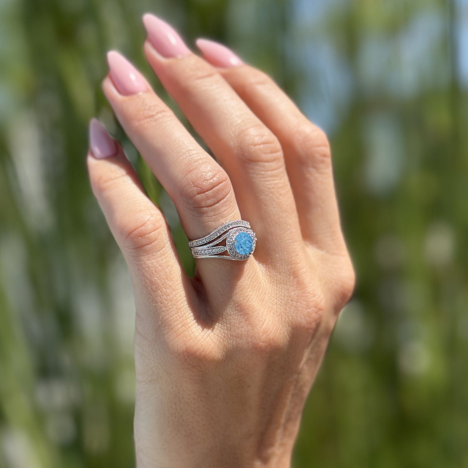 14K Yellow Gold Two Piece Round Halo Split Shank Curved Contour Band Lab Created Blue Opal Ring for Women - Elegant Wedding, Engagement, Anniversary Jewelry Gift - Perfect for Bridal, Evening Wear & Special Occasions
