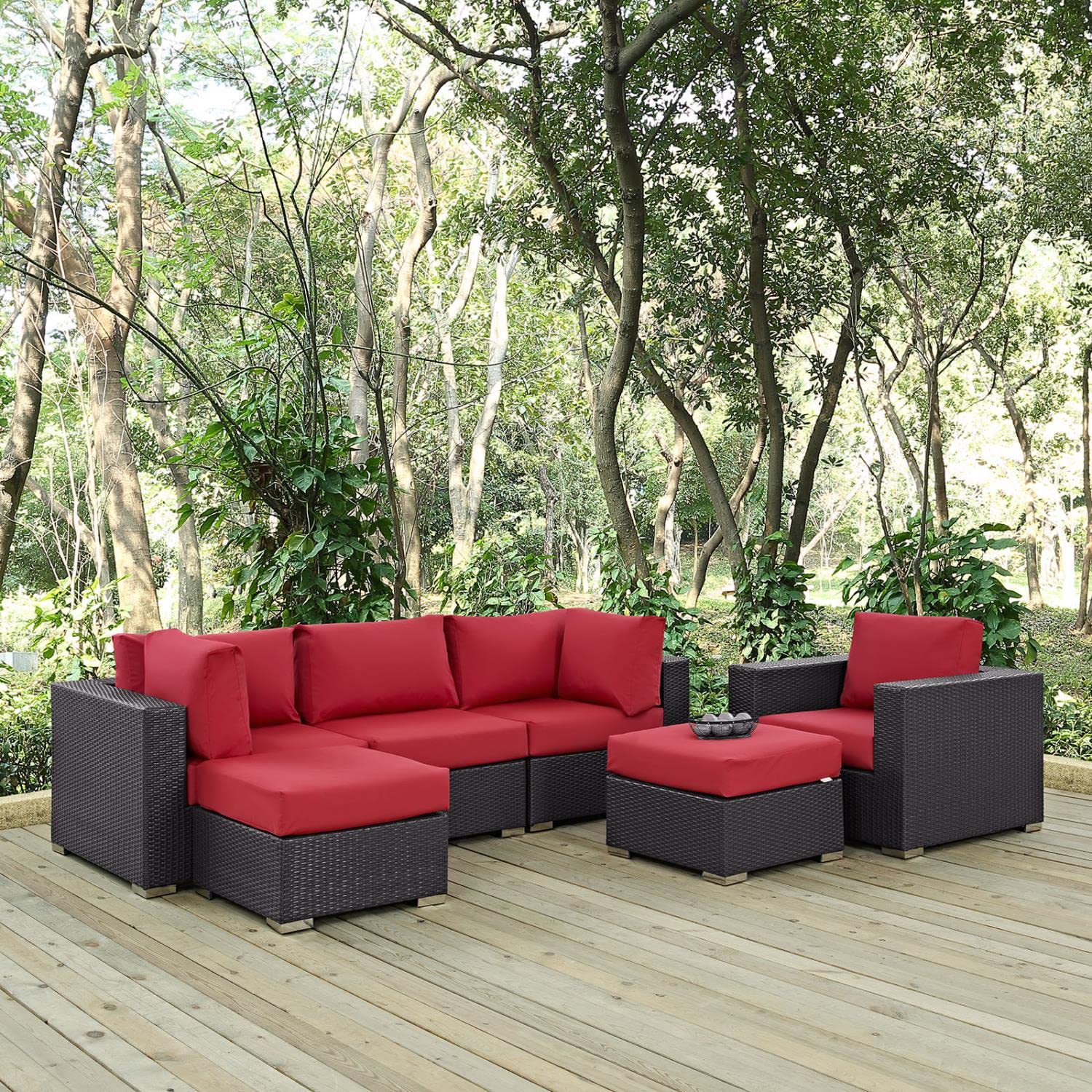 Modway Convene 6-Piece Wicker Rattan Outdoor Patio Sectional Sofa Set - Espresso Red - Durable Weather-Resistant Furniture for Backyard, Poolside & Garden Relaxation