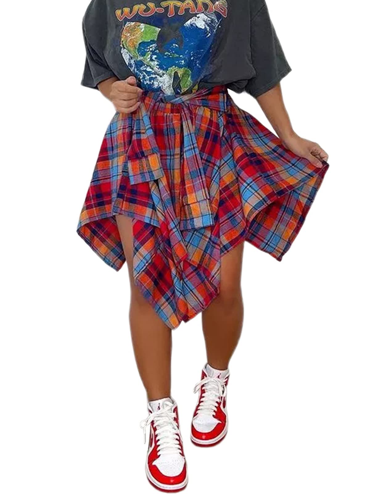 ALLUMK Women's Casual Plaid Print High Waist A-Line Mini Skirt with Belt - Trendy Irregular Hem Design for Party, Dating & Office Wear