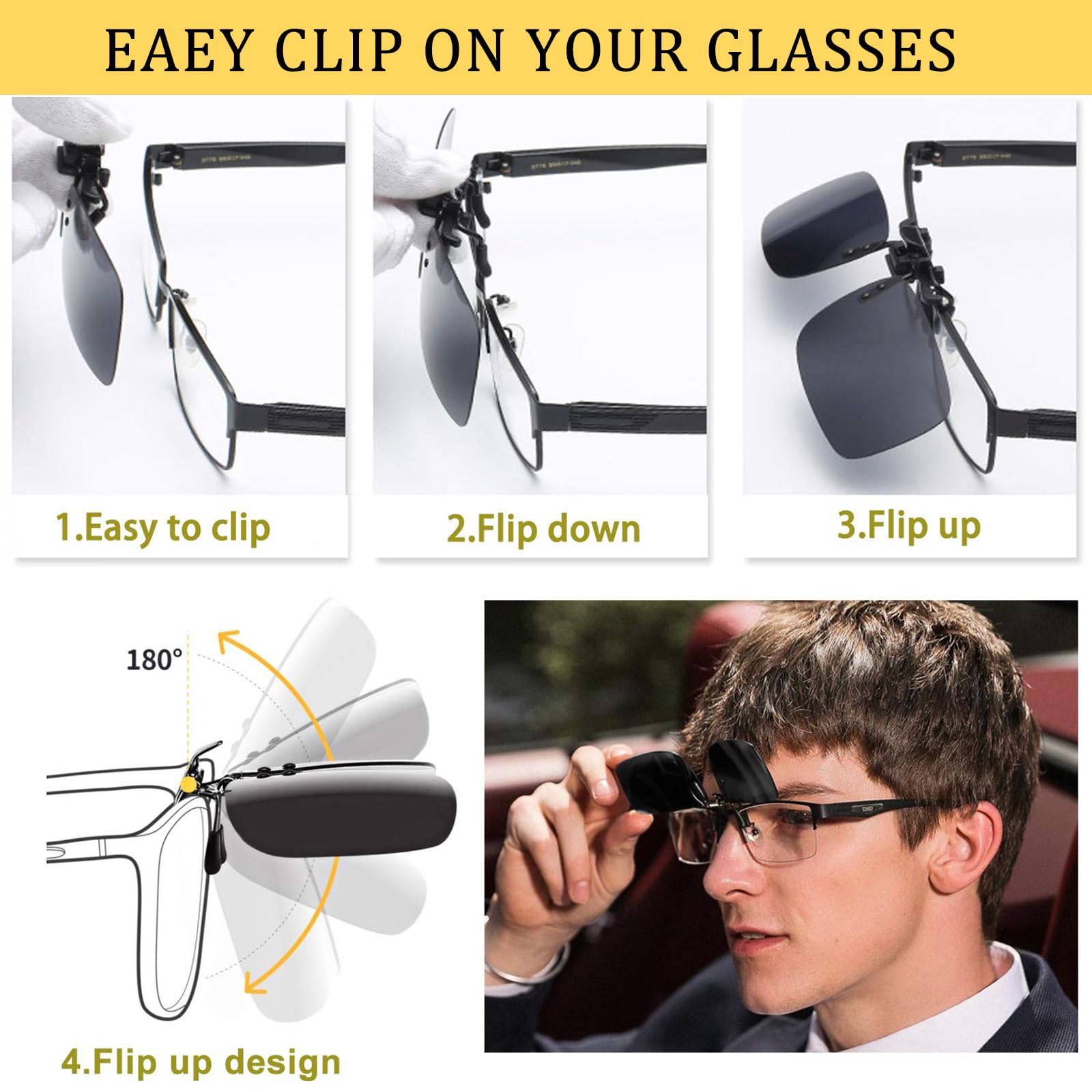 Polarized Clip-on Sunglasses for Men & Women - Anti Glare UV Protection Driving Glasses - Fits Over Prescription Eyeglasses - Perfect for Road Trips, Commuting & Outdoor Activities