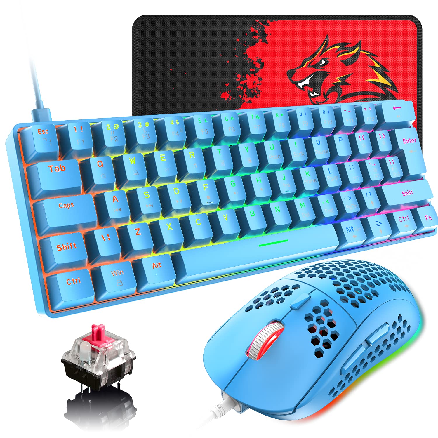 60% Wired Mechanical Gaming Keyboard & Mouse Combo - RGB Backlit for PC/Mac Gaming
