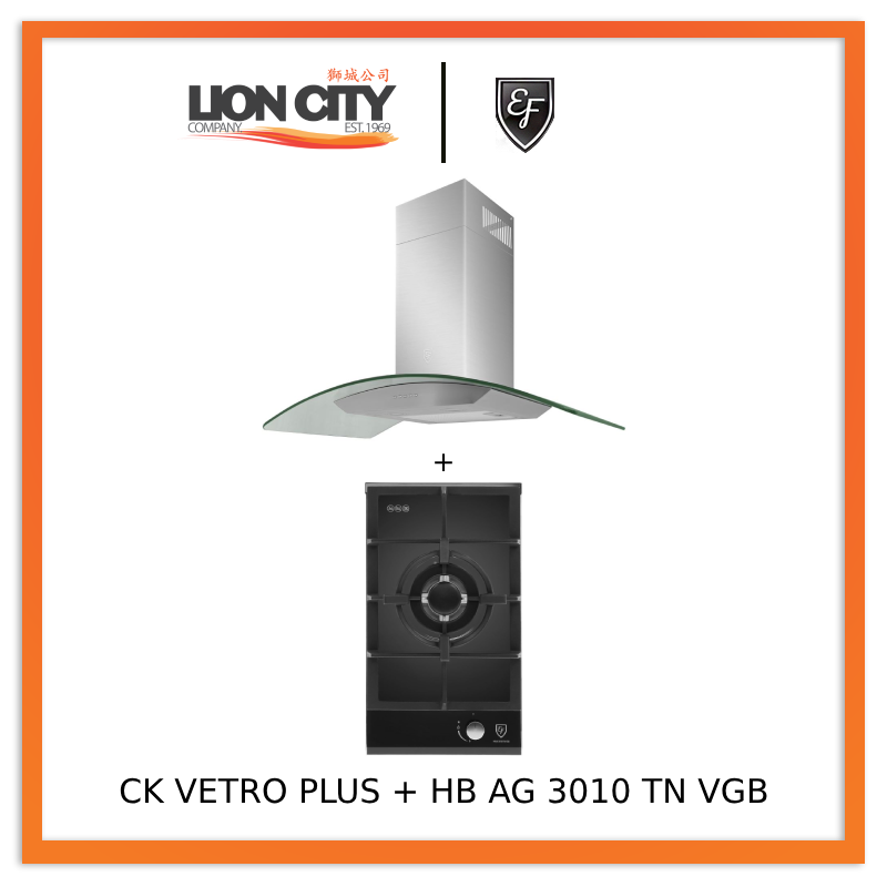 EF 90 CM Chimney Cooker Hood CK Vetro Plus with HB AG 3010 TN VGB 30cm Single Burner Hob - Modern Kitchen Ventilation for Efficient Cooking & Smoke Removal