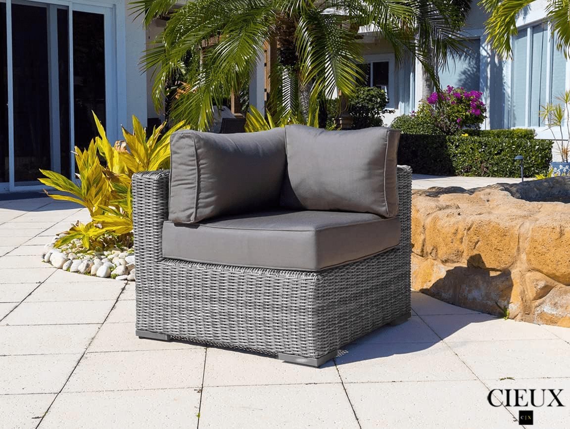 Riviera Outdoor Patio Wicker L-Shaped Sectional Sofa Set with Ottoman - Grey Sunbrella Canvas Charcoal Cushions - Perfect for Poolside Lounging, Backyard Relaxation & Outdoor Entertaining