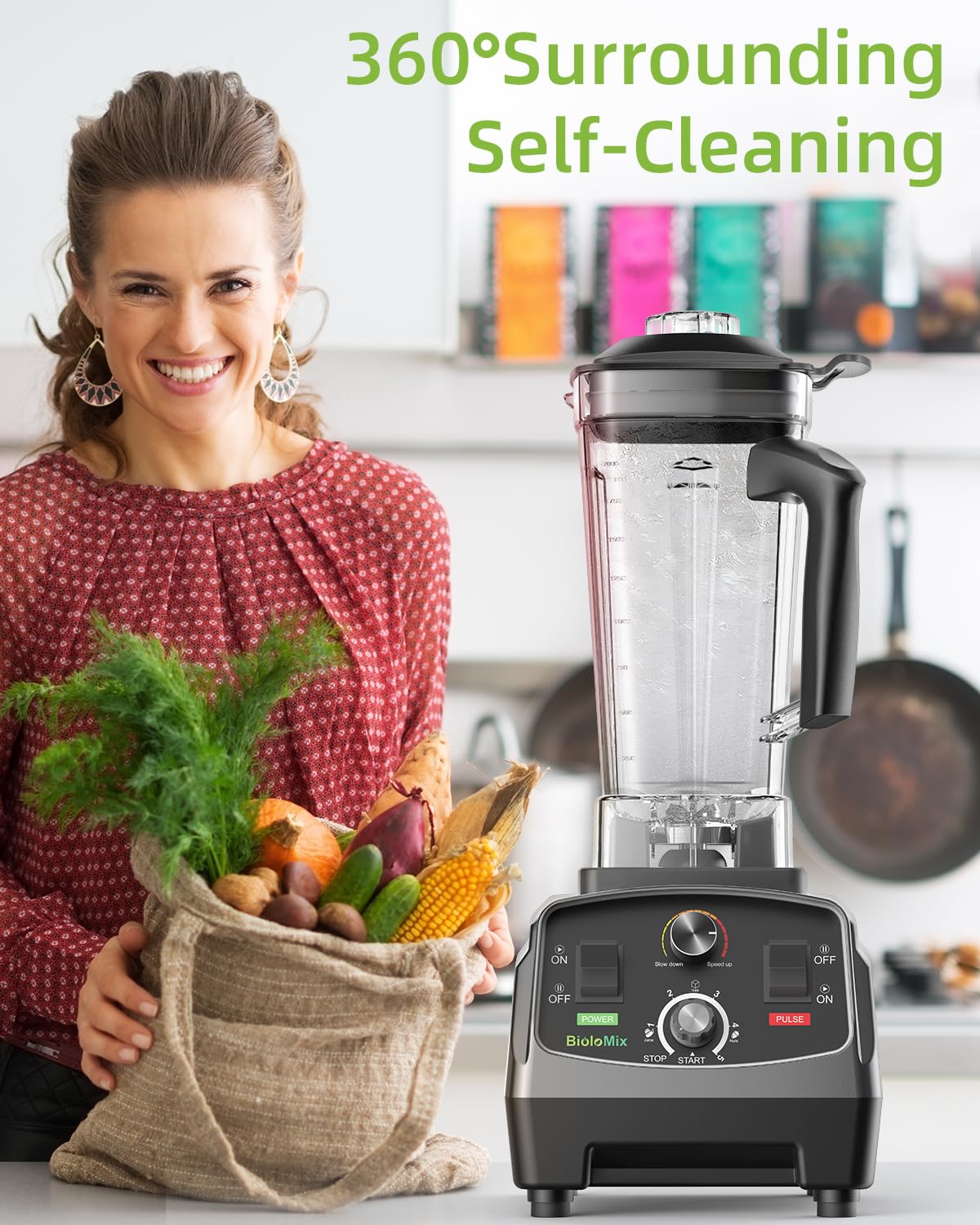 BioloMix 2200W High-Power Countertop Blender - Professional Kitchen Blender for Smoothies, Ice Crushing & Soup Making - Commercial & Home Use with Timer - Perfect for Frozen Fruits, Juices & Meal Prep