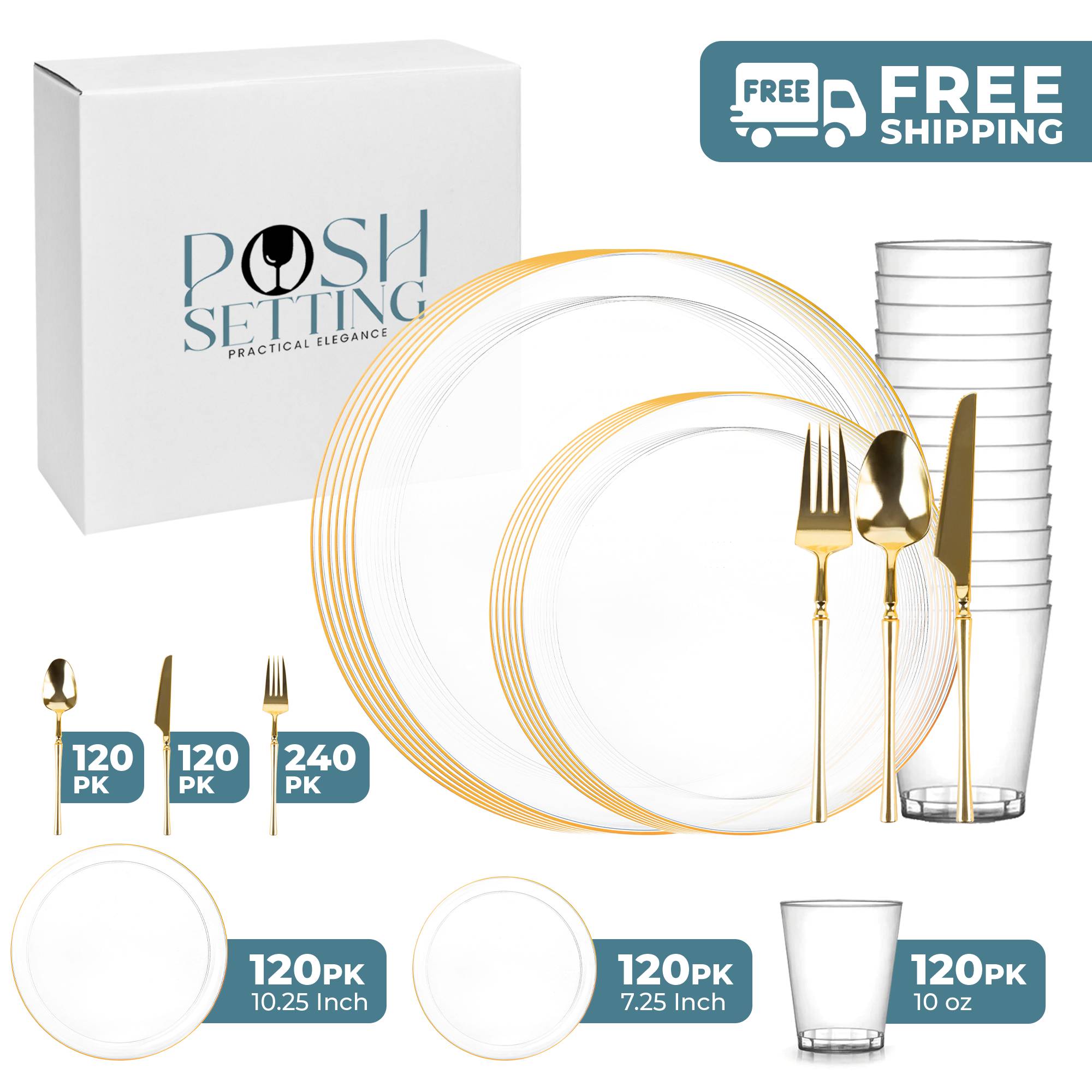 Luxury Clear & Gold Plastic Party Supplies Bundle - Elegant Disposable Tableware for Weddings, Birthdays & Celebrations