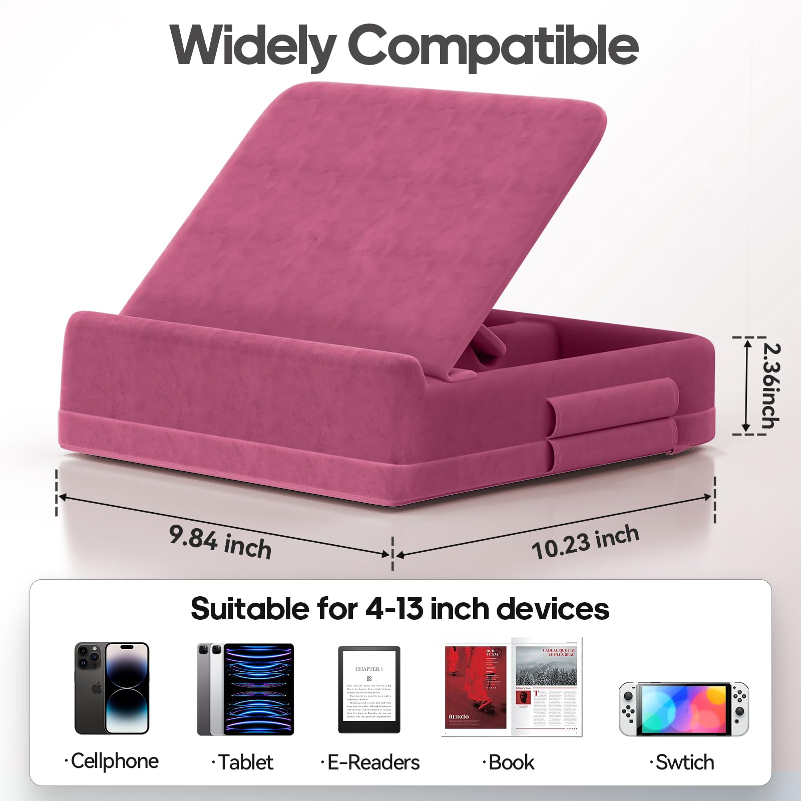 Foldable Tablet Pillow Stand with Storage - Adjustable Angle iPad Holder for Lap, Desk & Bed - Soft Pad Dock with Stylus Mount - Compatible with iPad Pro/Air/Mini, Kindle, Samsung Tablets & Phones (4-13