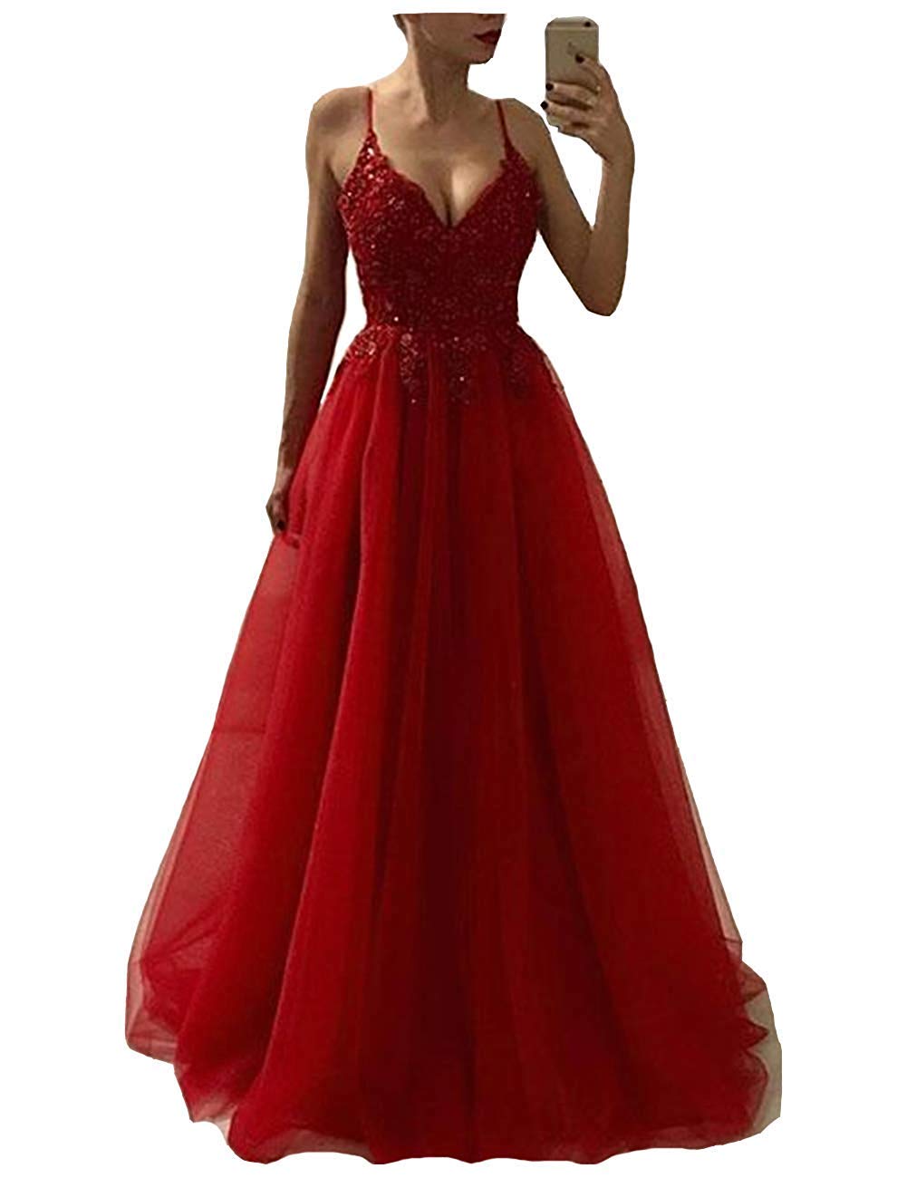 Lemai Women's V-Neck Spaghetti Strap Tulle Beaded Lace Long Evening Prom Dress - Elegant Formal Gown for Homecoming, Wedding Guest & Special Occasions
