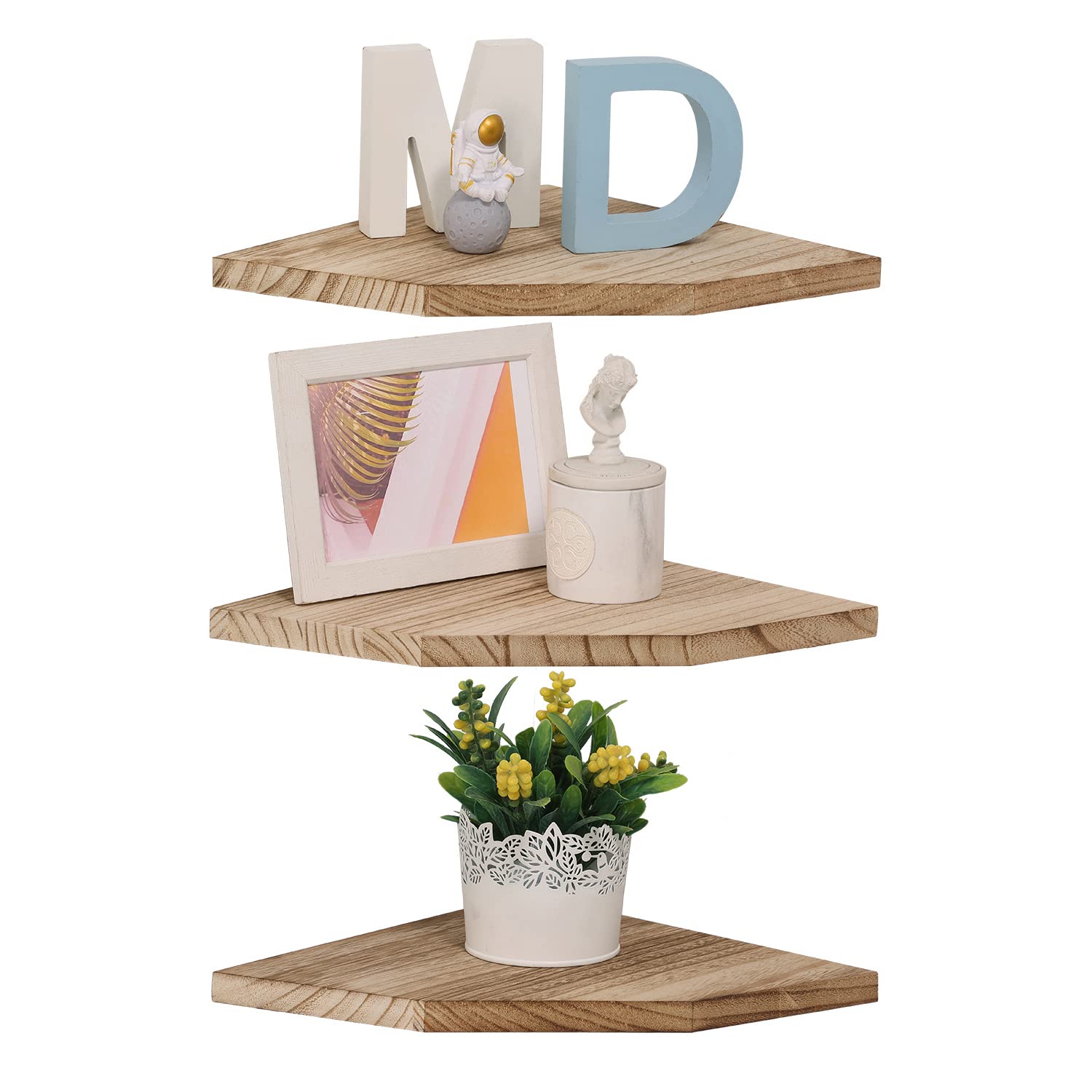Joiishom Set of 3 Floating Corner Wall Shelves - Rustic Wood Storage Display Shelves for Living Room, Bedroom, Bathroom & Kitchen - Fan Shaped Carbonized Design - Perfect for Home Decor, Organizing & Displaying Plants, Books & Decorative Items