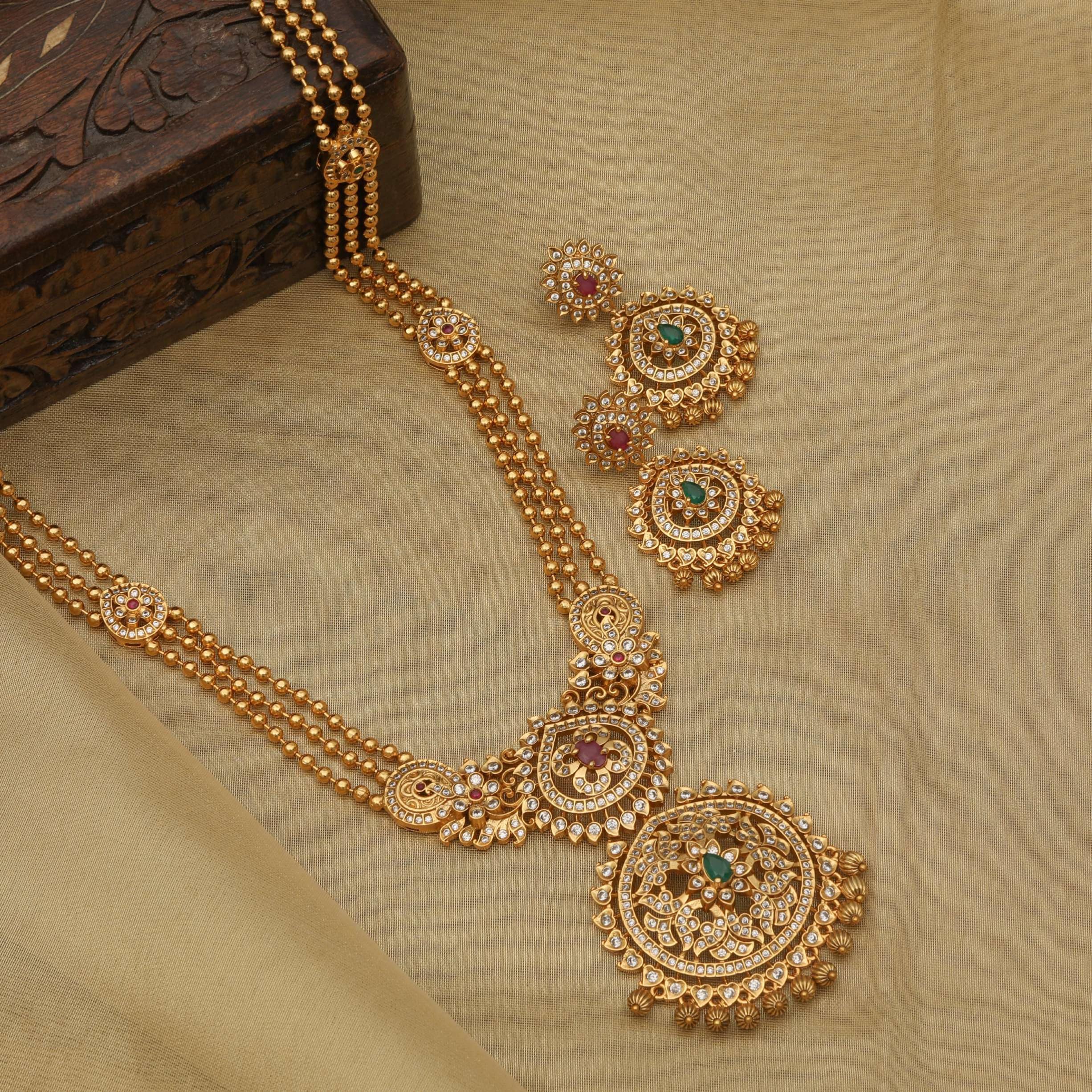Antique Gold Plated Binal Long Necklace Set with Floral Design - Traditional South Indian Jewelry for Women | Ethnic Bridal Necklace for Weddings, Festivals & Special Occasions | 1 Year Warranty | Perfect Gift for Diwali, Engagement & Cultural Events