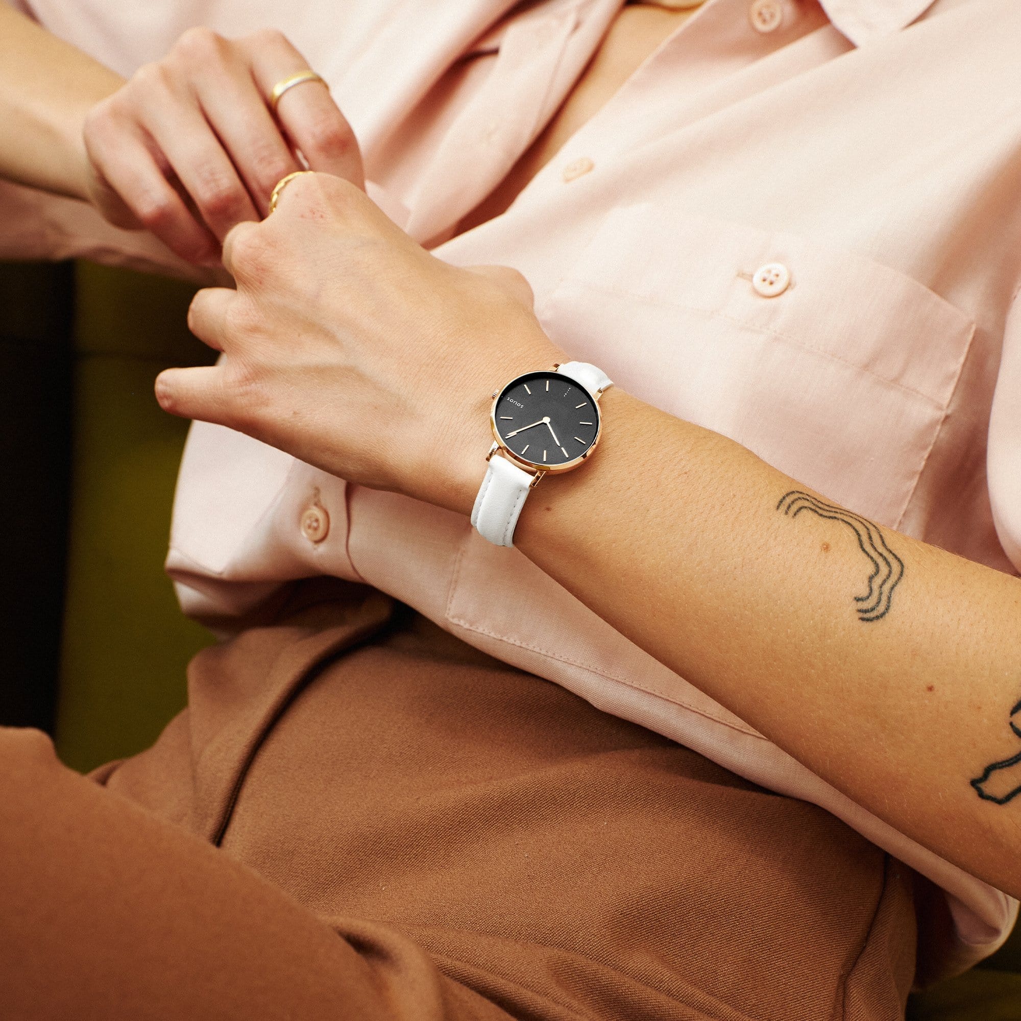 Mini Solar Watch with Black & Rose Gold Dial | White Vegan Leather Strap | Eco-Friendly & Water-Resistant | Perfect for Outdoor Activities & Casual Wear
