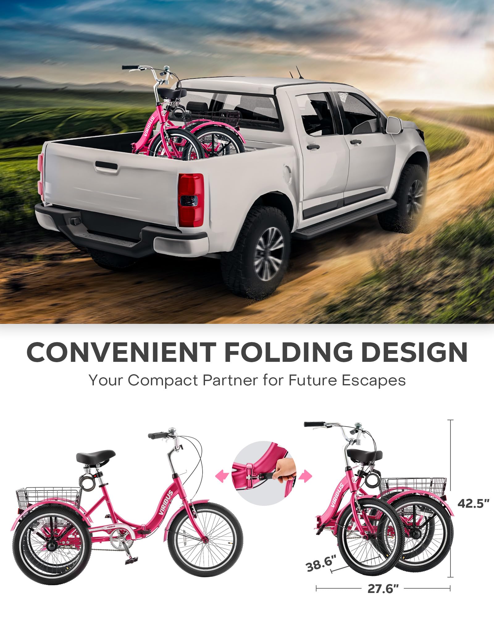 Viribus 20 Inch Folding Adult Tricycle - 1/7 Speed 3 Wheel Bike with Lock, 330lb Capacity - Foldable Trike for Men, Women & Seniors - Perfect for Commuting, Grocery Shopping & Outdoor Recreation