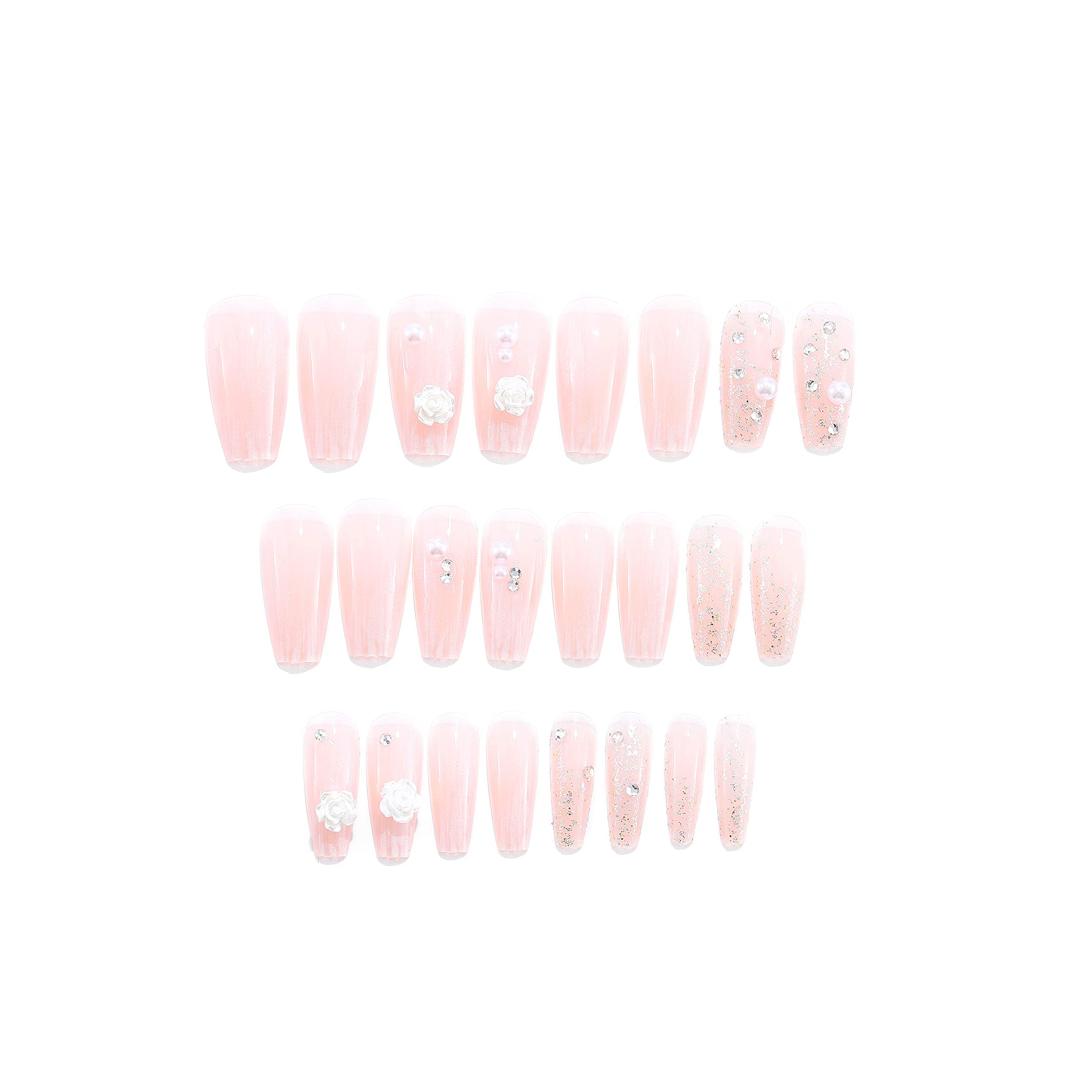 Sethexy Camellia Ballerina Fake Nails - 24Pcs Pink Wedding Press on Nails with Plaster Design | Handmade Stick on Nail Tips for Women & Girls | Perfect for Bridal Showers, Prom, Date Nights & Special Occasions