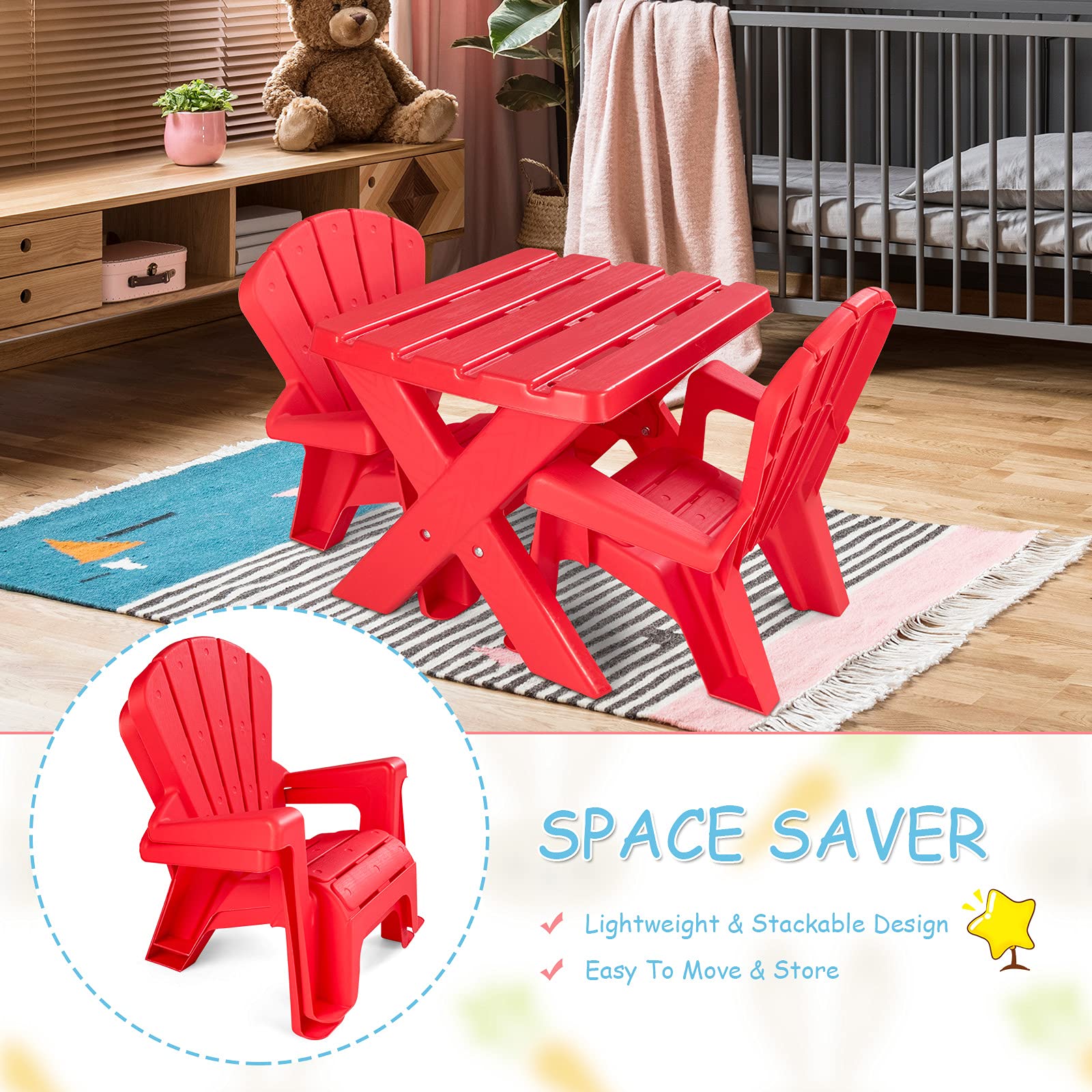 Costzon Kids Table and Chair Set - Outdoor Toddler Activity Table with 2 Adirondack Chairs for Picnic, Garden, Patio, Backyard & Beach - Durable Plastic Children's Furniture Set (Red) - Perfect for Outdoor Play, Snack Time, Arts & Crafts
