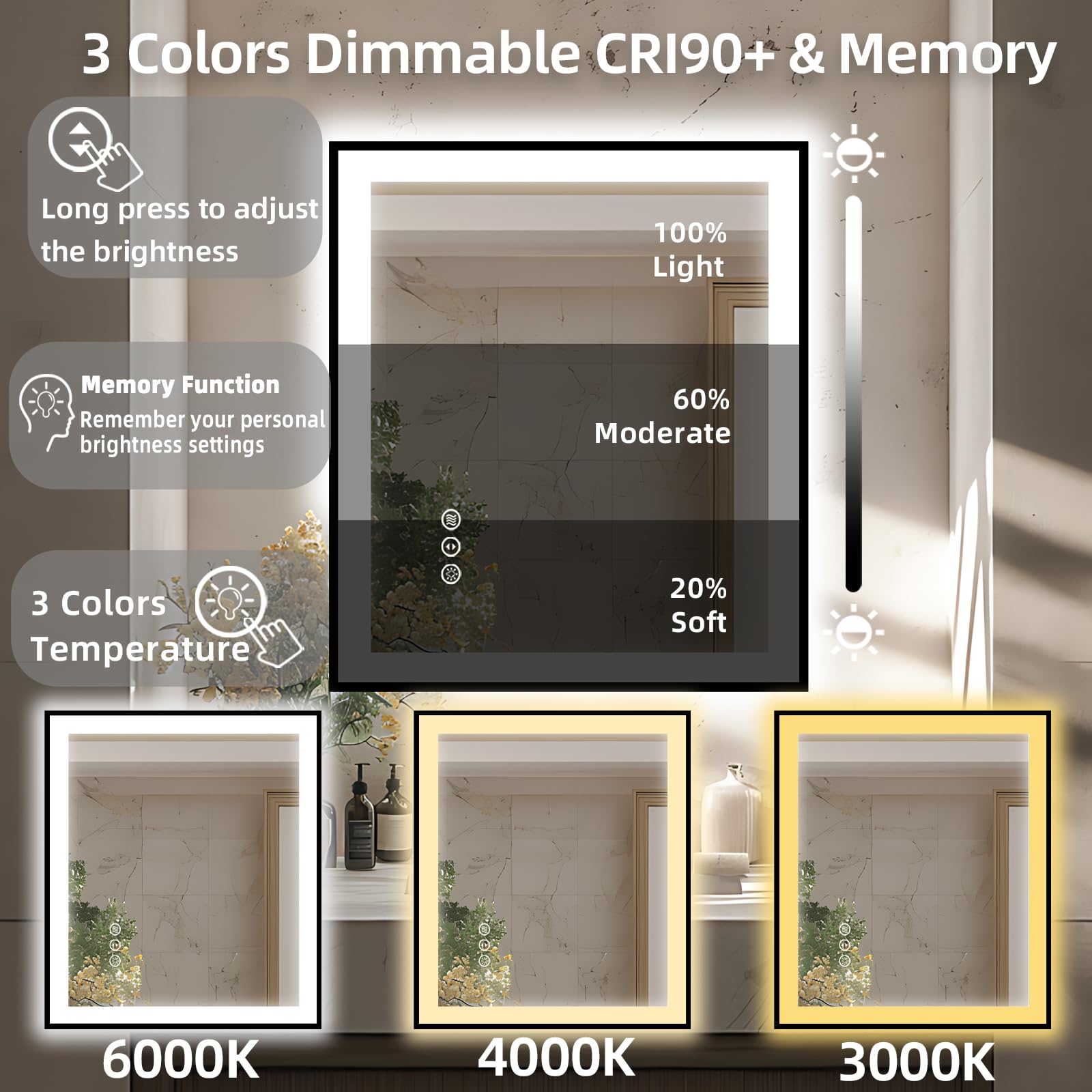 30x36 Inch LED Bathroom Mirror with Black Trim - Backlit & Front Lit Vanity Mirror, 3 Color Temperatures & Stepless Dimming (CRI90+), Anti-Fog, Shatterproof, Waterproof, Smart Touch Control - Perfect for Modern Bathrooms, Bedrooms, and Dressing Areas