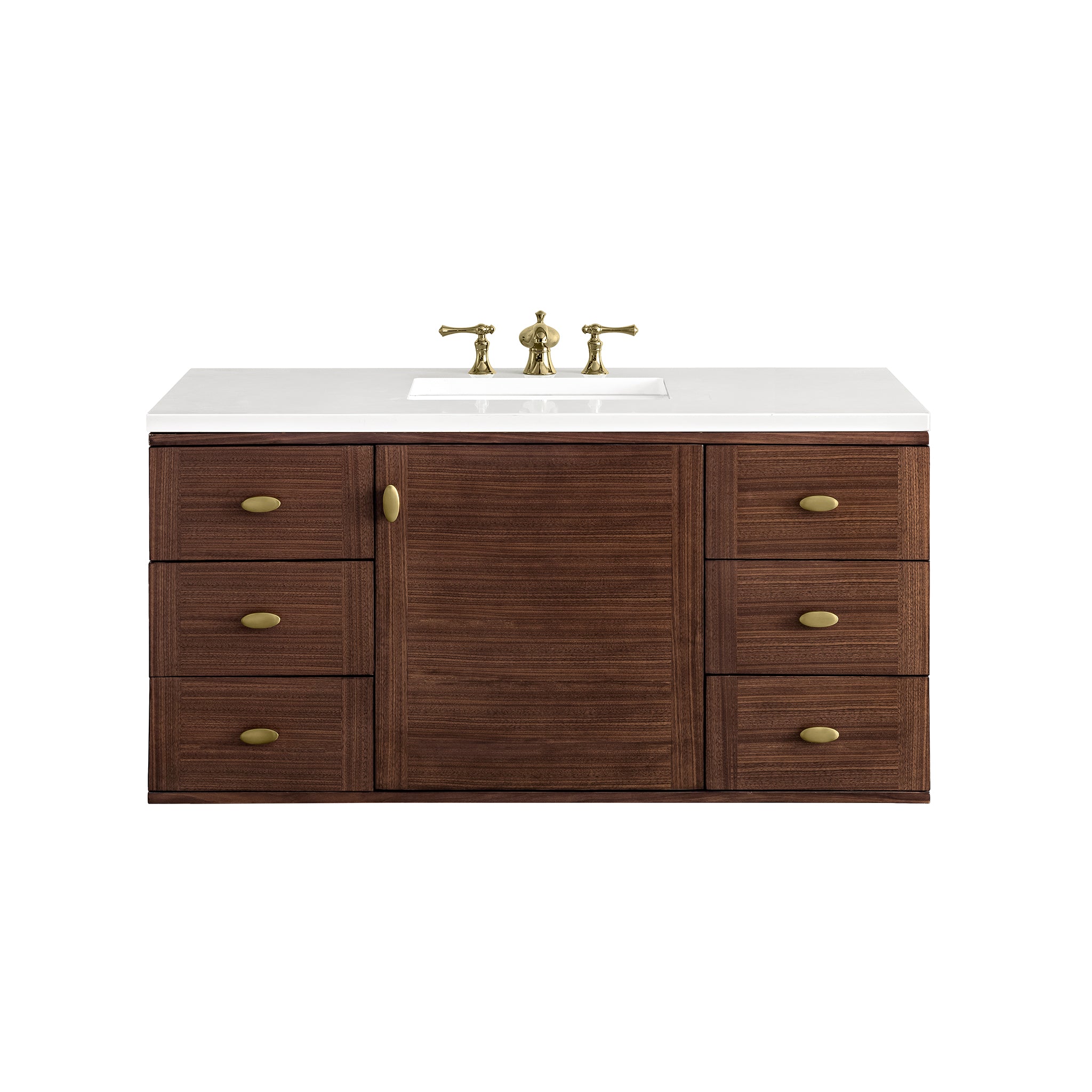 Amberly 48 Inch Single Bathroom Vanity - Mid Century Modern Walnut Finish with 3CM White Zeus Quartz Top - Perfect for Small Bathrooms & Powder Rooms