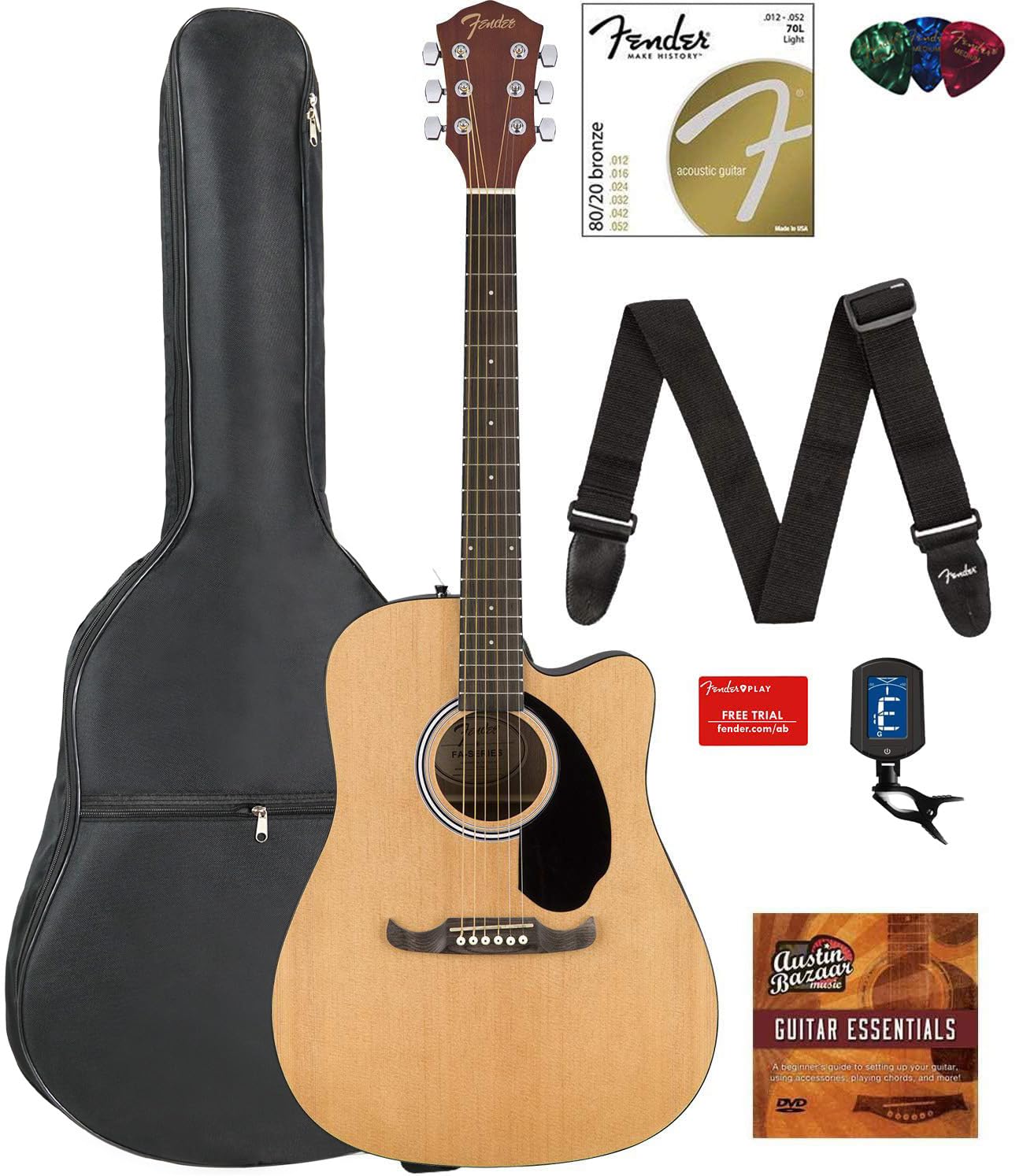 Fender FA-125CE Dreadnought Cutaway Acoustic-Electric Guitar Bundle - Natural Finish with Gig Bag, Tuner, Strap, Strings, Picks & Online Lessons | Perfect for Beginners, Live Performances & Home Practice