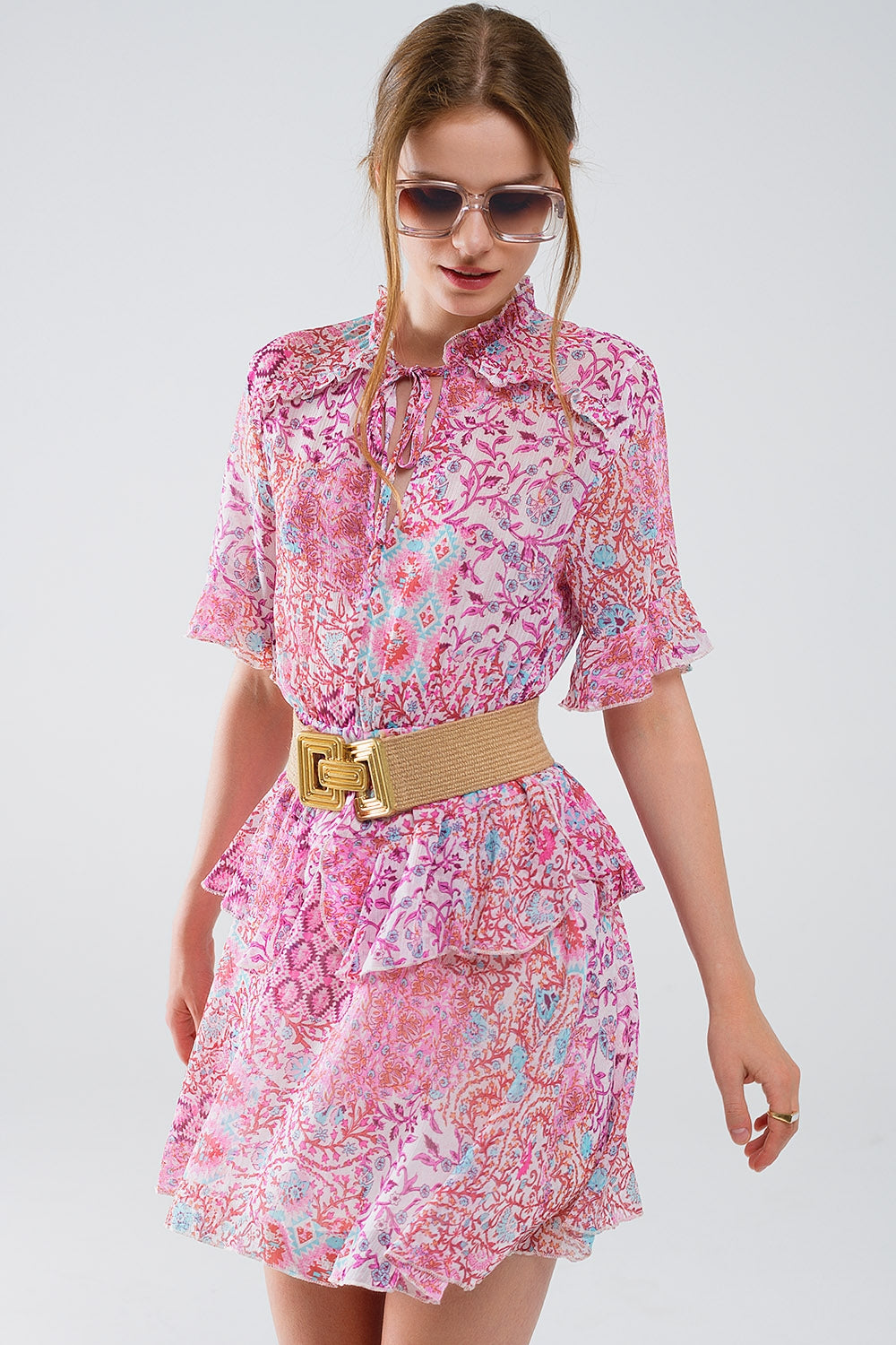 Abstract Print Short Robe and Ruffled Skirt in Pink Shades - Perfect for Casual Wear, Loungewear, and Beach Cover-Ups