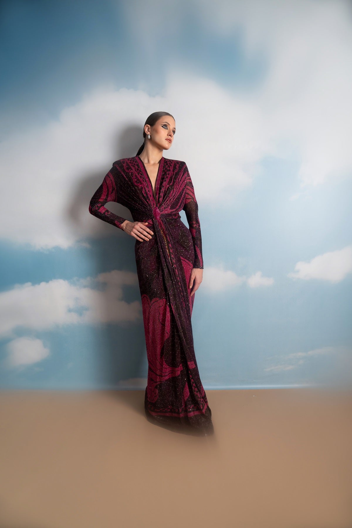 Fuchsia Pink Swirl Printed Draped Dress for Women - Elegant Party & Evening Wear - Perfect for Weddings, Cocktails & Special Occasions