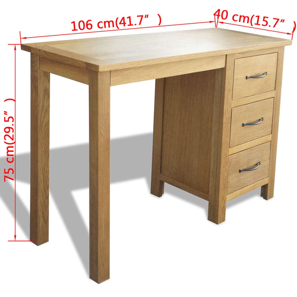 Solid Oak Wood Writing Desk with 3 Drawers - 41.7