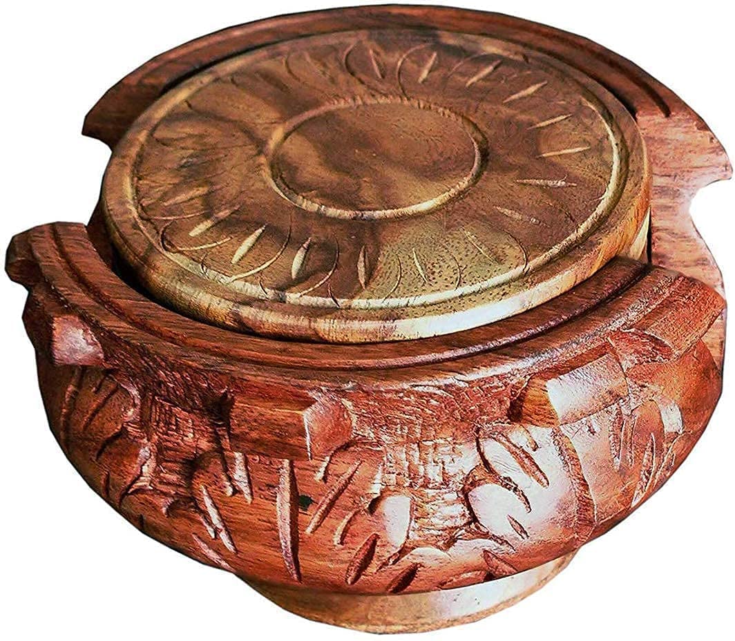 Handmade Wooden Coaster Set of 6 with Decorative Holder - Natural Carved Tabletop Drink Coasters for Coffee, Tea, Beer & Wine Glasses - Perfect for Home, Office & Bar Use
