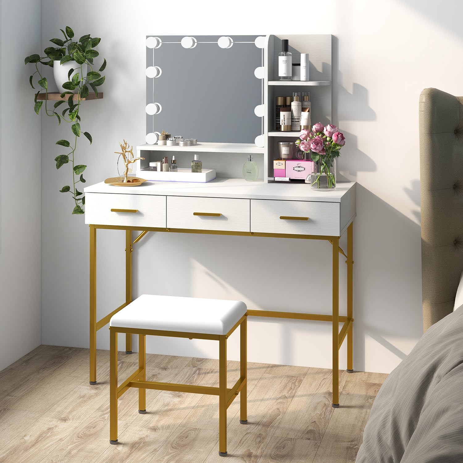 Lighted Vanity Table with Mirror & 3 Drawers - Makeup Dressing Desk with Storage, Includes Wide Cushioned Stool - Perfect for Bedroom, Home Decor & Beauty Routine (White)