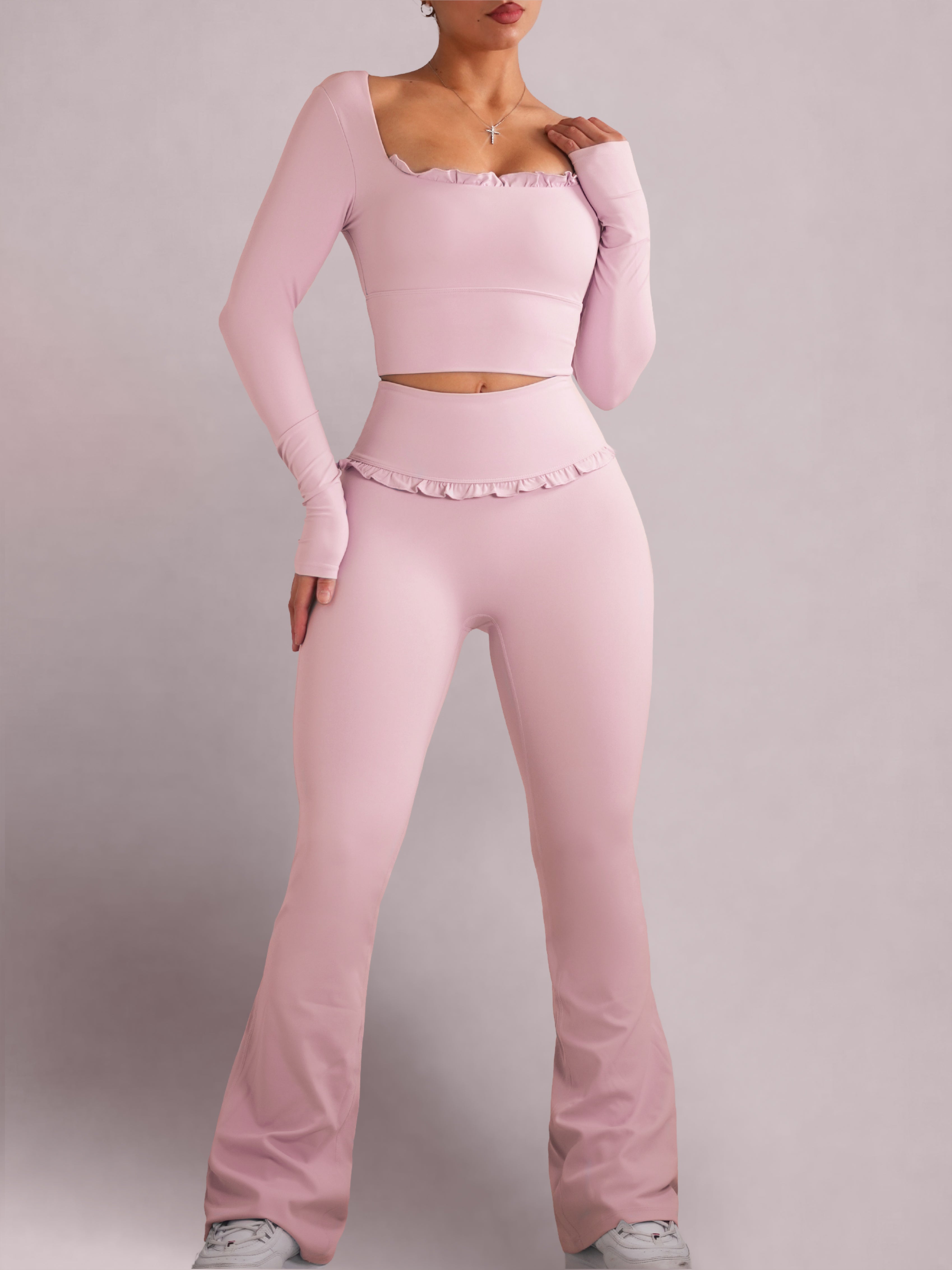 Ballet Ruffled Flare Leggings for Women - Stretchy High Waisted Yoga Pants with Flared Hem (Blush Pink) - Perfect for Dance, Yoga & Casual Wear