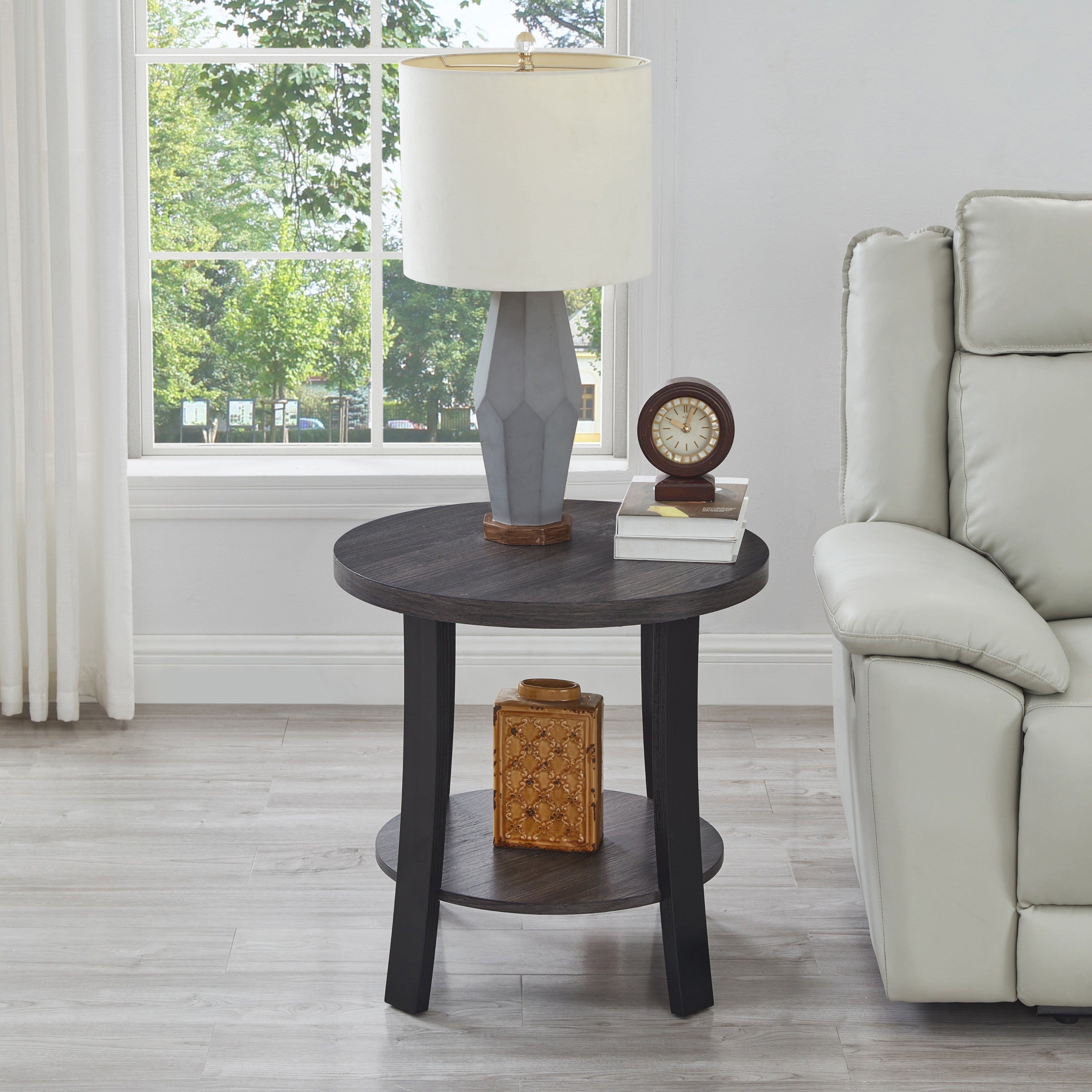Roundhill Furniture Anze Contemporary Round Wood Shelf End Table - Modern Side Table for Living Room, Bedroom & Office - Perfect for Displaying Decor, Books & Plants