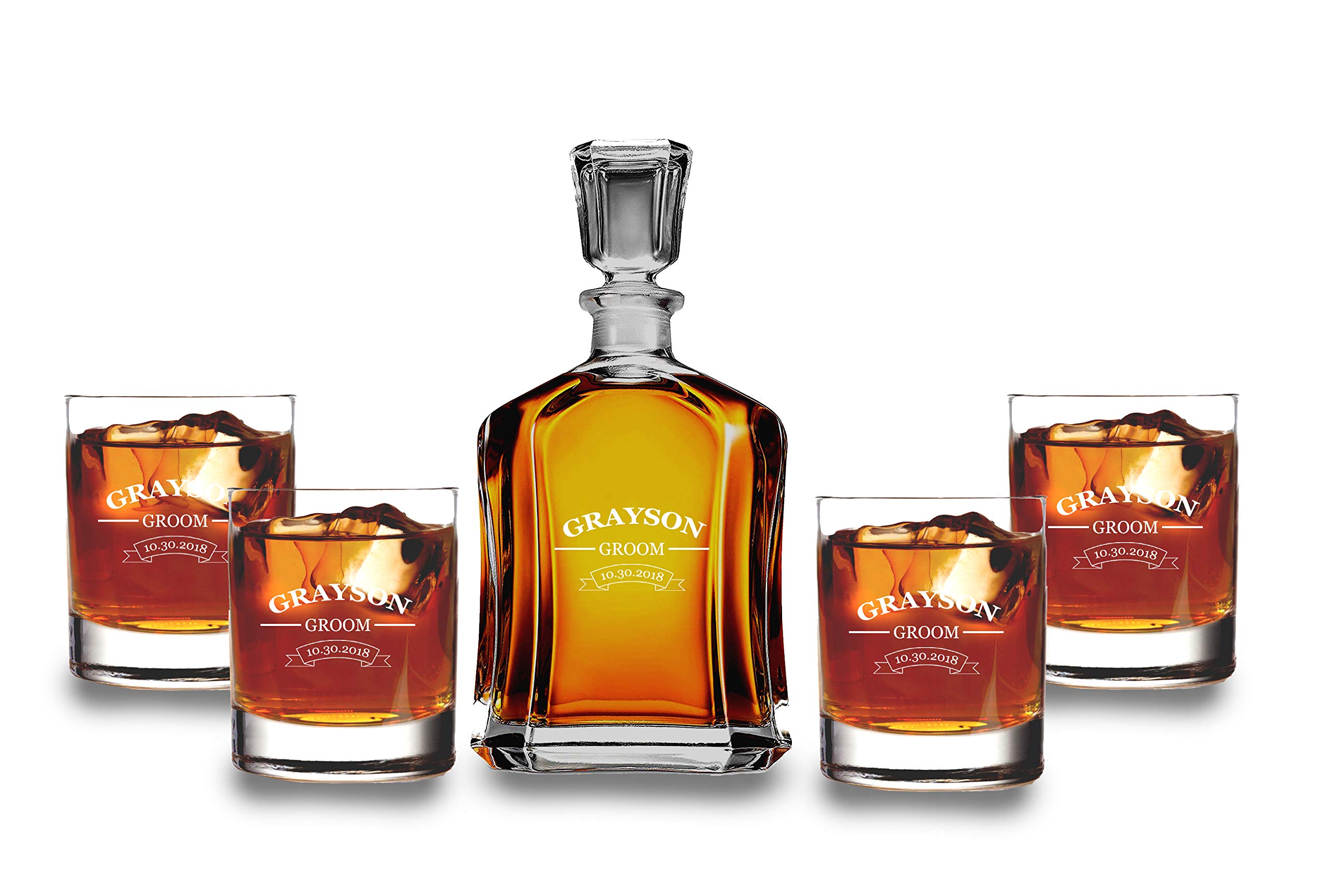Personalized Wooden Bourbon Decanter Set - Custom Engraved Monogram, Name & Date - 4 Glasses Included - Perfect for Groomsmen Gifts, Weddings & Anniversary Presents