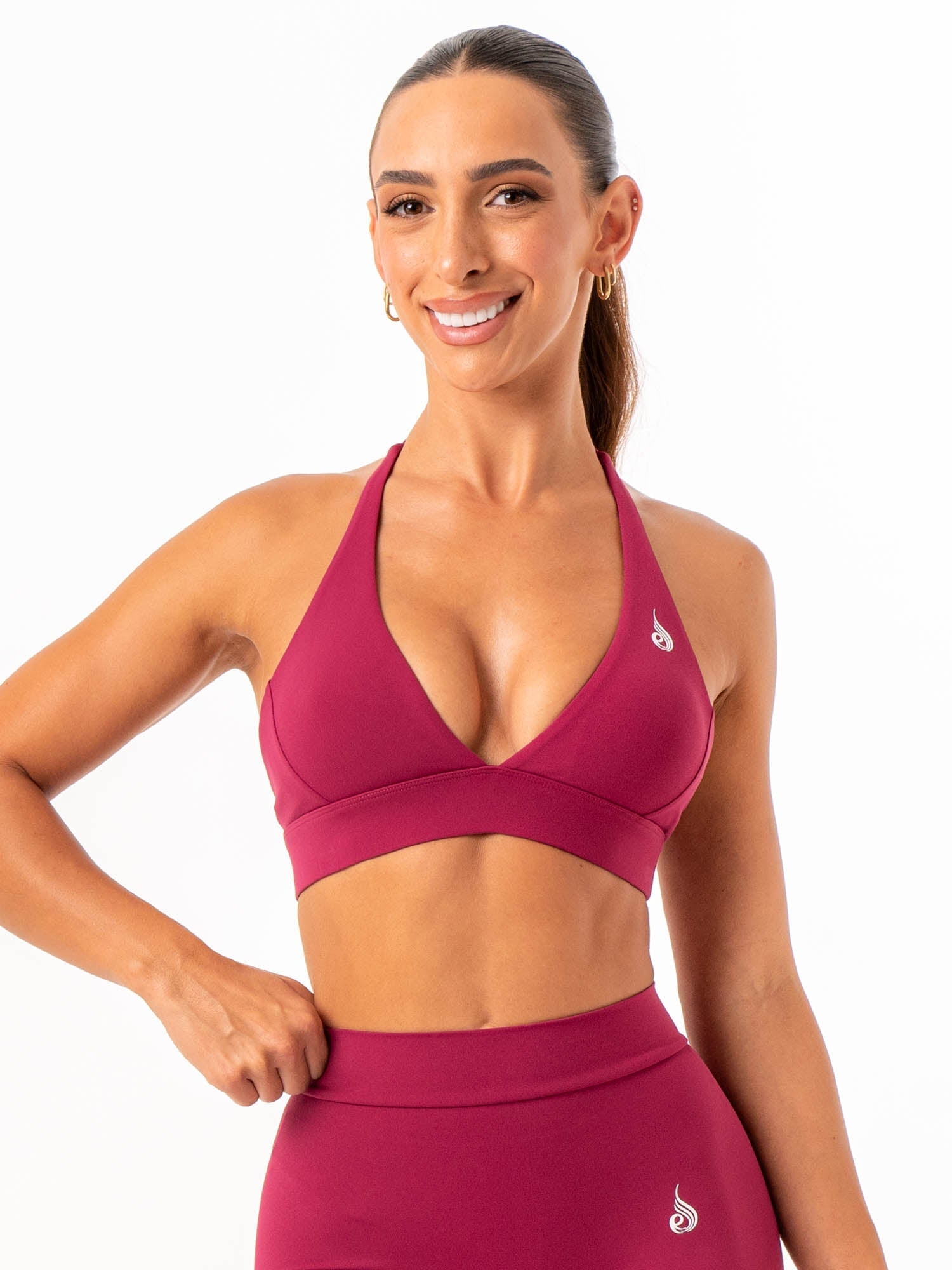 NKD Halter Sports Bra for Women - High Support Workout Top in Wine Red - Perfect for Yoga, Running & Gym Fitness