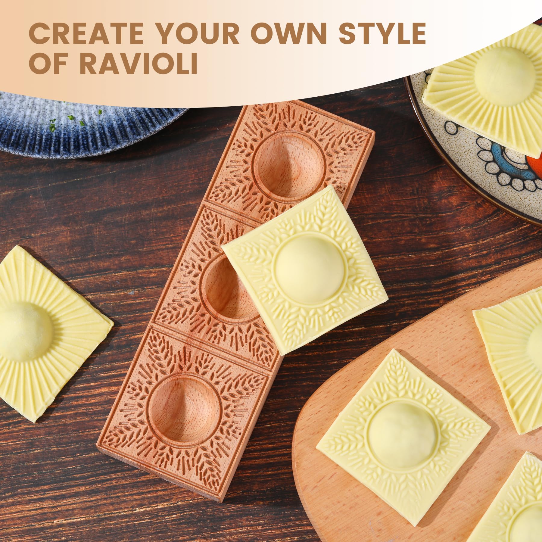 Handmade Wooden Pasta Ravioli Maker - Double Sided Sunburst & Wheat Pattern Ravioli Mold - 2-in-1 Kitchen Tool for Fresh Homemade Pasta - Perfect for Italian Cooking, Dinner Parties & Gift Giving