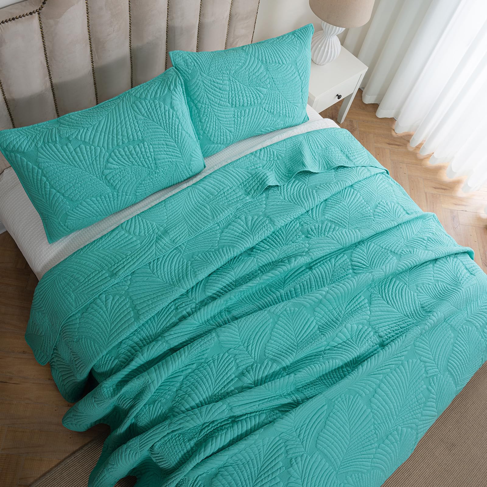 Petrichor Aqua Plush Bedspread Queen Size - All-Season Quilted Comforter Set with High-Relief Texture & Ultra-Soft Fabric, 3-Piece Bedding (90