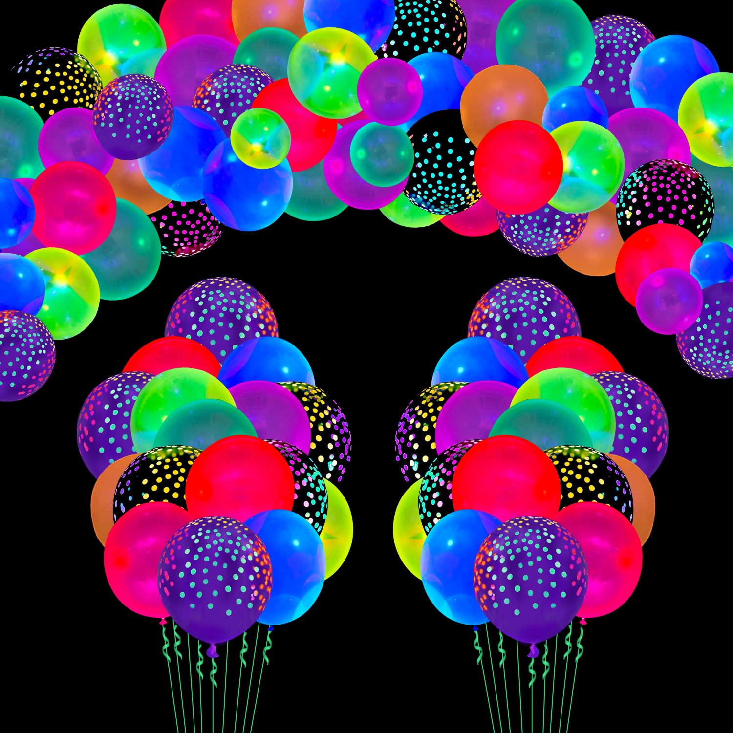 109 Pack UV Neon Balloons - Glow in The Dark Blacklight Reactive Fluorescent Balloons for Party Decor | Assorted Polka Dot Latex Balloons | Perfect for Neon Glow Parties, Birthday Celebrations & Nightclub Events