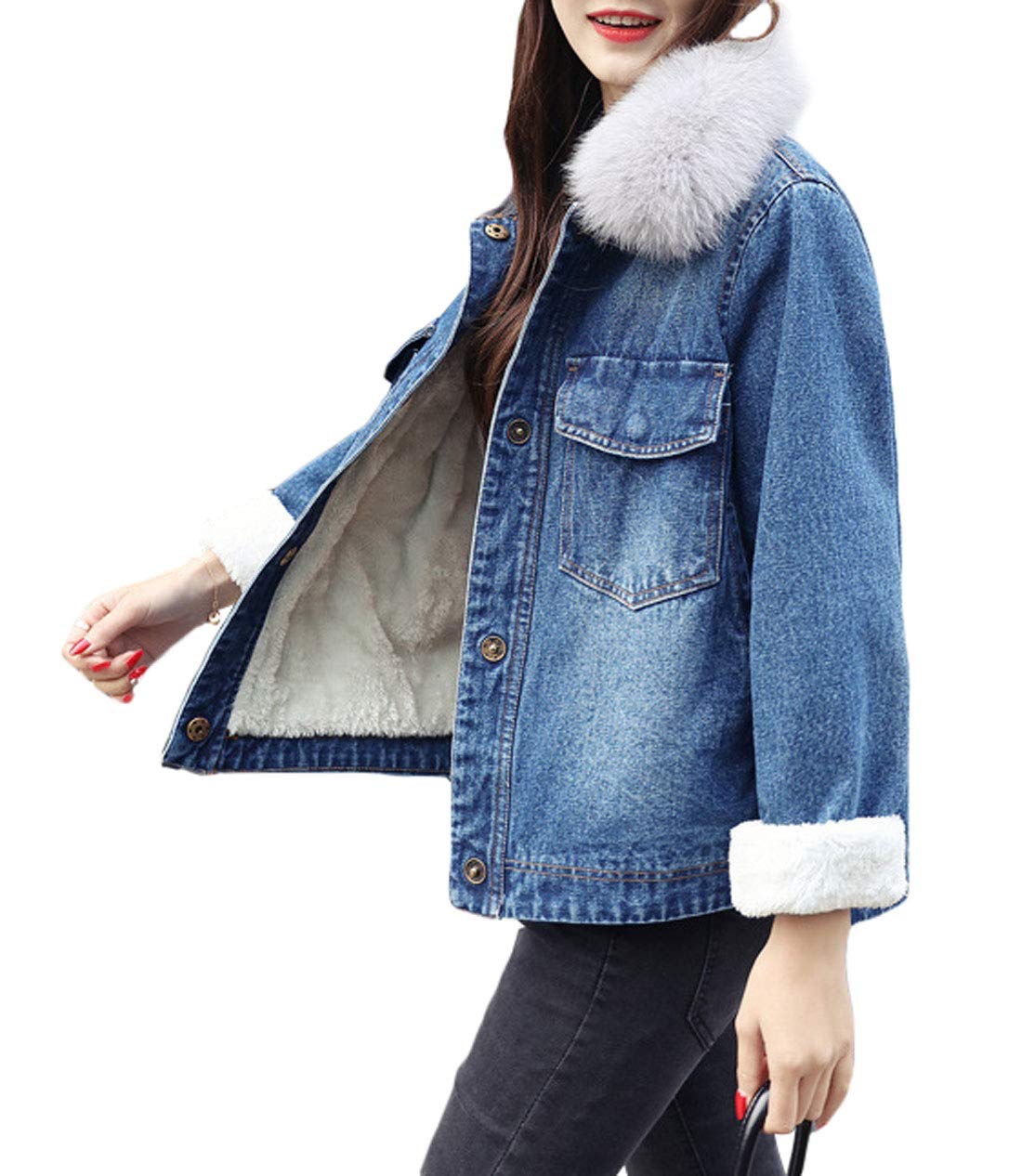 Women's Distressed Denim Jacket with Faux Fur Collar & Fleece Lining - Stylish Winter Coat for Casual Outfits, Streetwear & Cold Weather Fashion