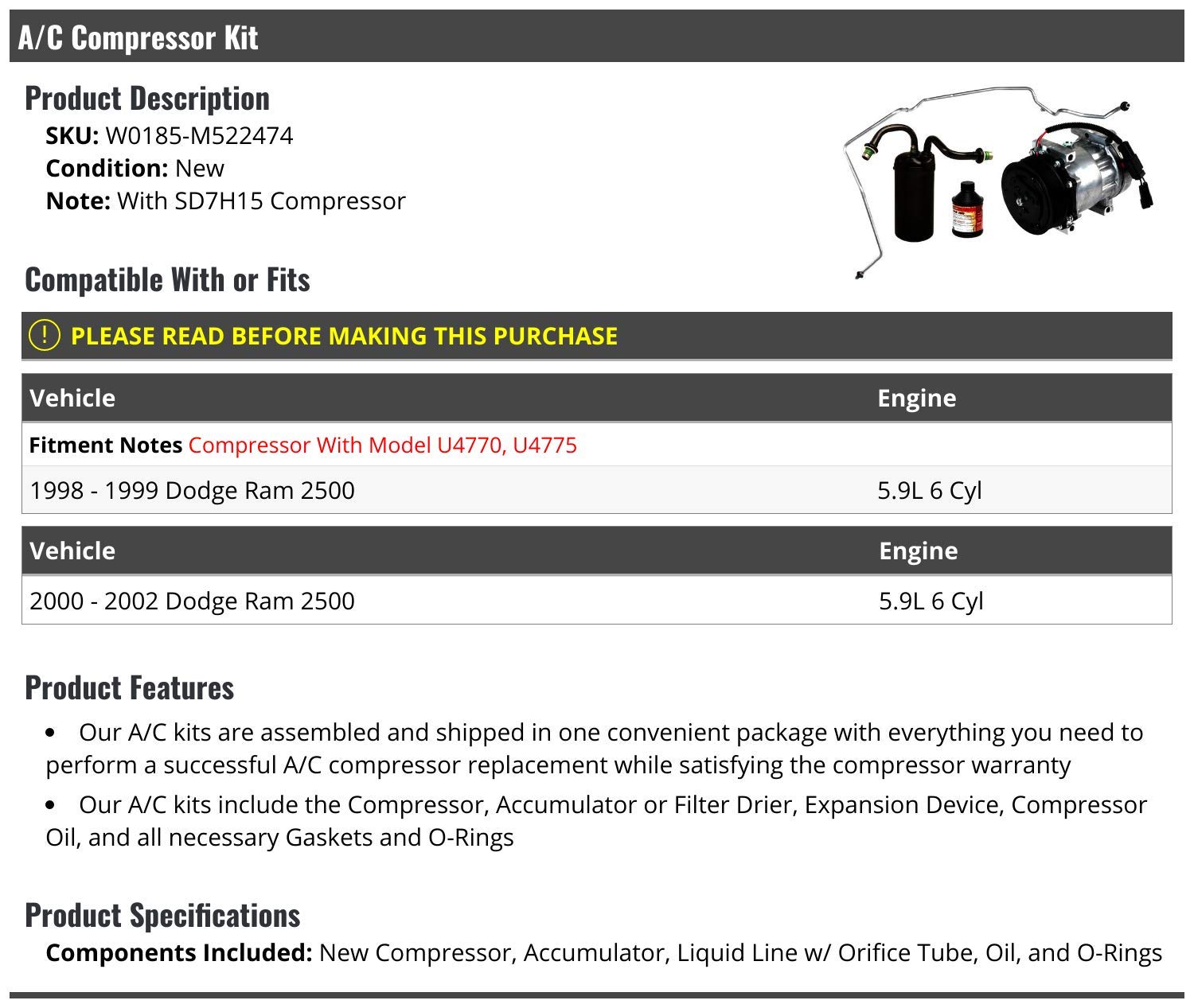 A/C Compressor Kit for 1998-2002 Dodge Ram 2500 5.9L 6-Cylinder - Includes Compressor, Accumulator, Liquid Line with Orifice Tube, Oil & O-Rings | Perfect for AC System Repair & Replacement
