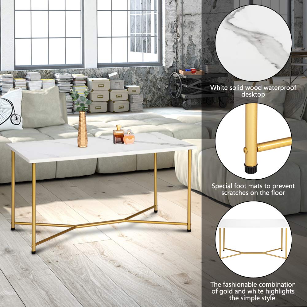 BNSPLY Modern Marble Coffee Table with Gold Metal Legs - Rectangle Living Room Center Table - Elegant Marble Top & Gold Base - Perfect for Home Decor, Lounge, and Office Spaces