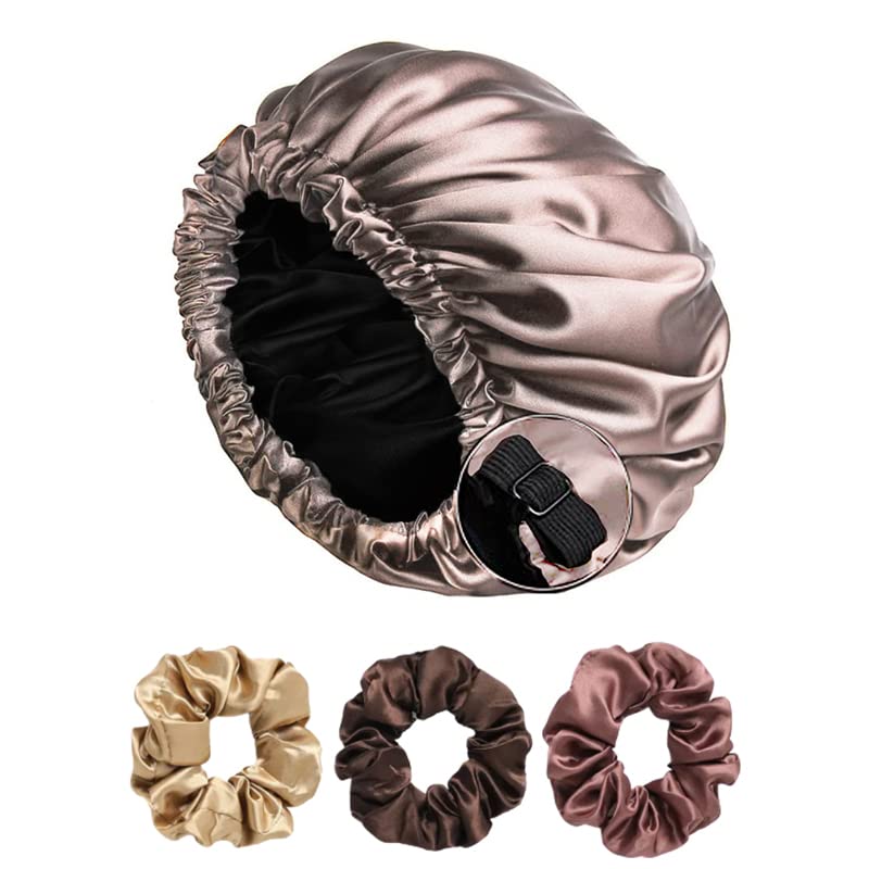 Extra Large Reversible Satin Bonnet for Women with Soft Scrunchies - Silk Sleeping Cap for Curly & Natural Hair Protection (Cream) | Perfect for Nighttime Hair Care & Travel