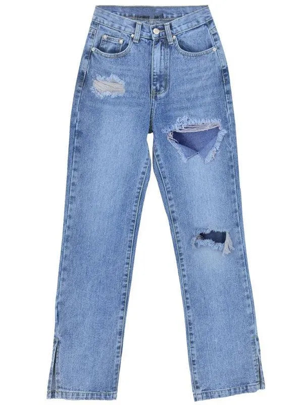 Stylish Women's Straight Ripped Jeans with Ankle Slits - Trendy Distressed Denim Pants for Casual Outings & Streetwear Fashion