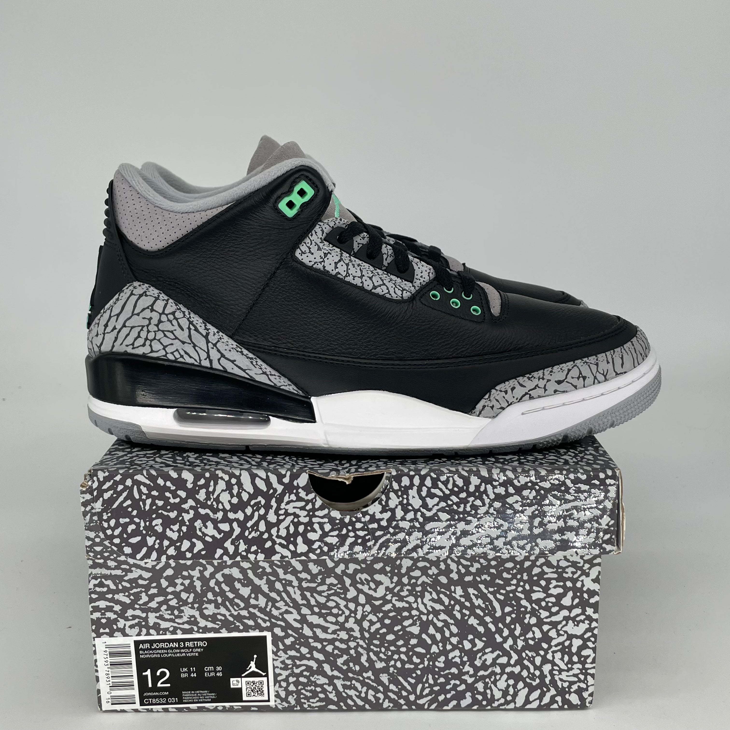 AIR JORDAN 3 Retro Green Glow Men's Basketball Shoes Size 12 - Style CT8532-031 | Perfect for Streetwear & Court Performance