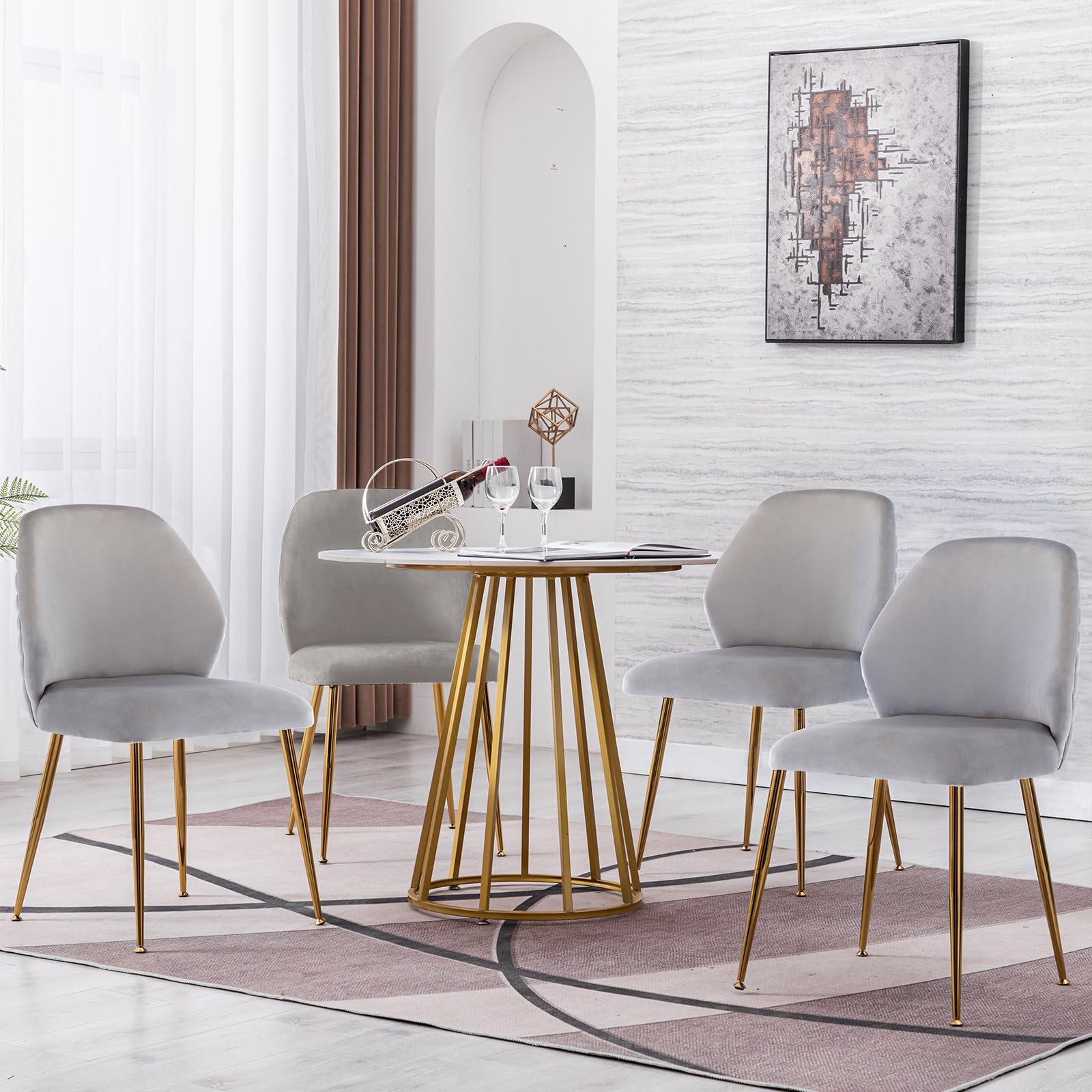 Guyou Set of 4 Grey Velvet Modern Dining Chairs - Upholstered Tufted Armless Side Chairs with Gold Metal Legs for Kitchen, Living Room, Bedroom & Vanity | Elegant Home Decor for Dinner Parties & Cozy Gatherings