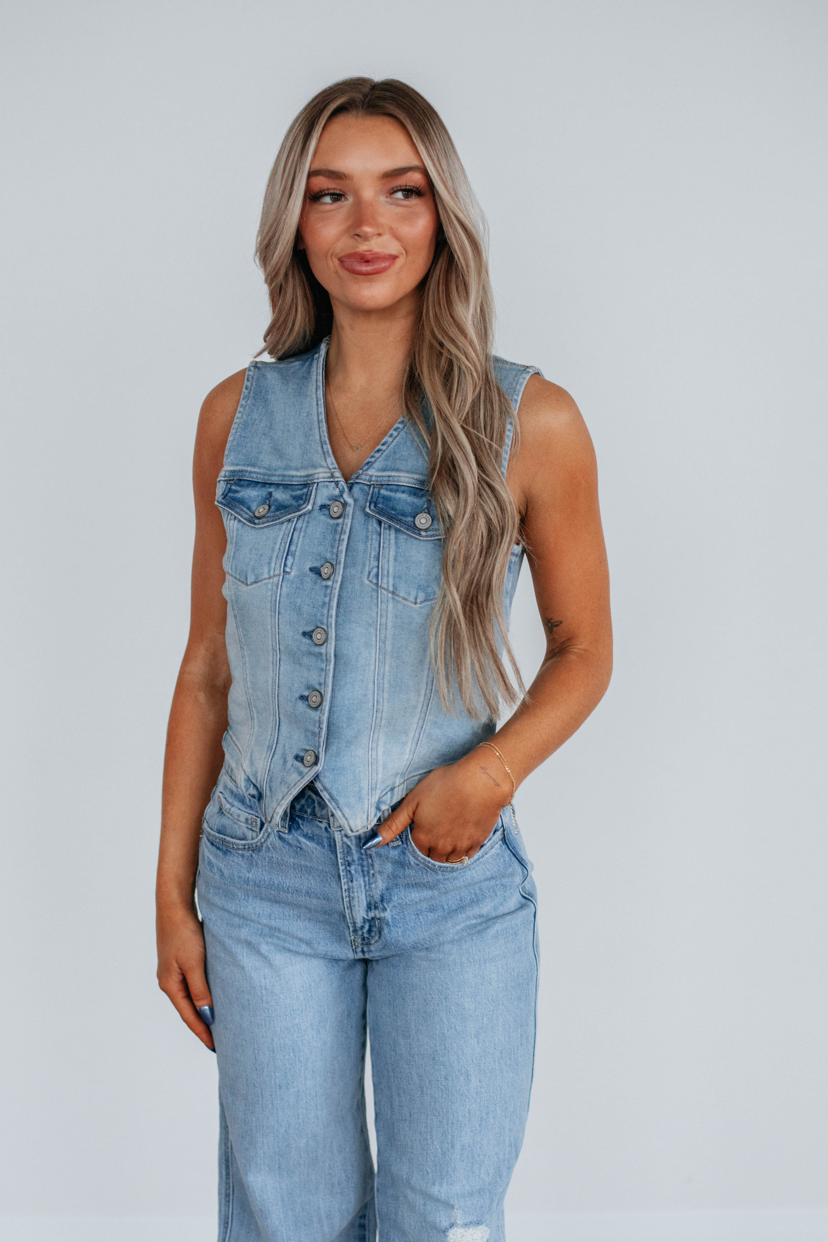 Greer Hidden Denim Vest for Women - Stylish Distressed Denim Jacket with Hidden Pockets | Perfect for Casual Outfits, Layering, and Outdoor Adventures