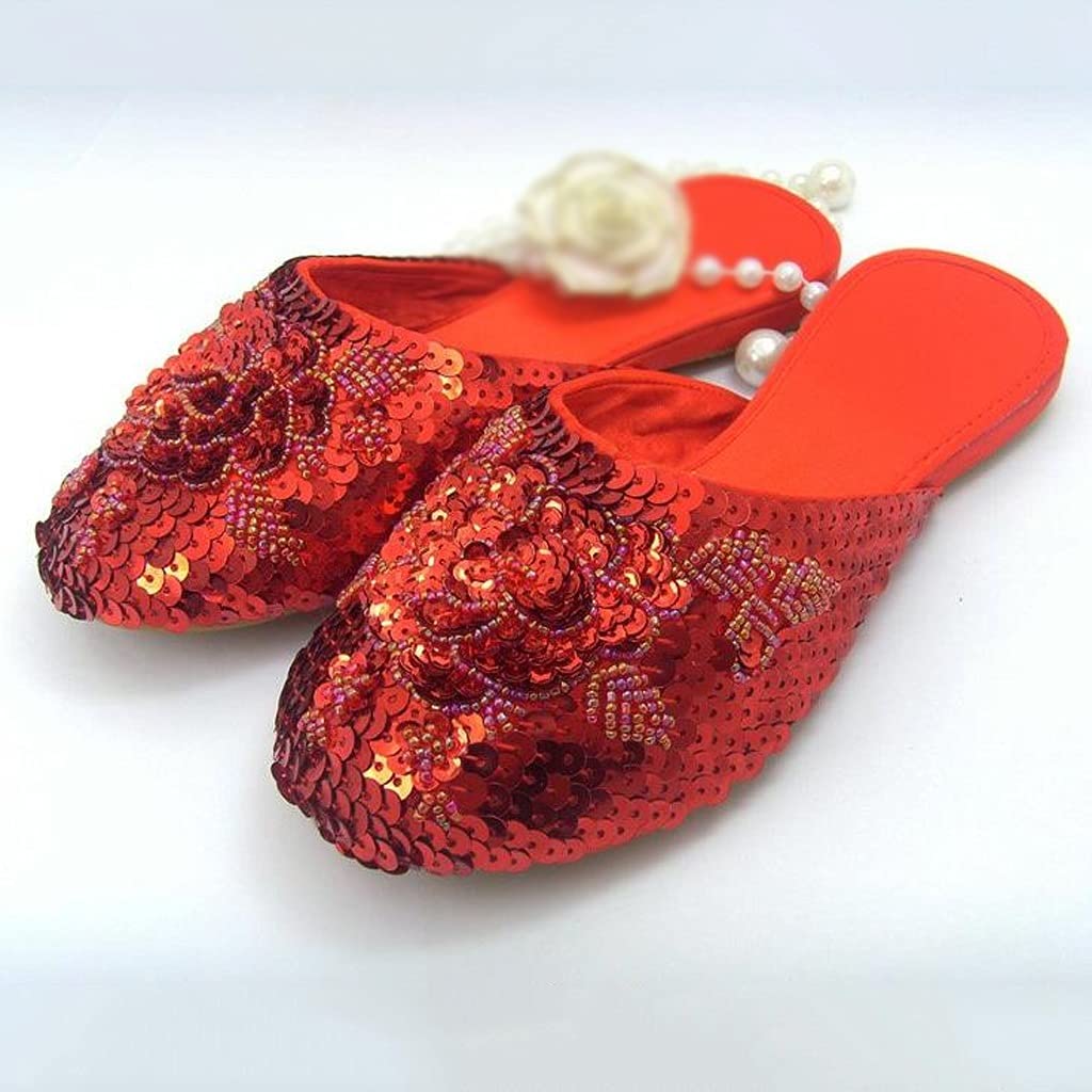 Vintage Women's Slippers - Handmade Chinese Bling Sequins Flower Flat Heel Soft Sole Casual Shoes for Summer | Red Color | Size 37 | Perfect for Home, Garden, and Outdoor Wear