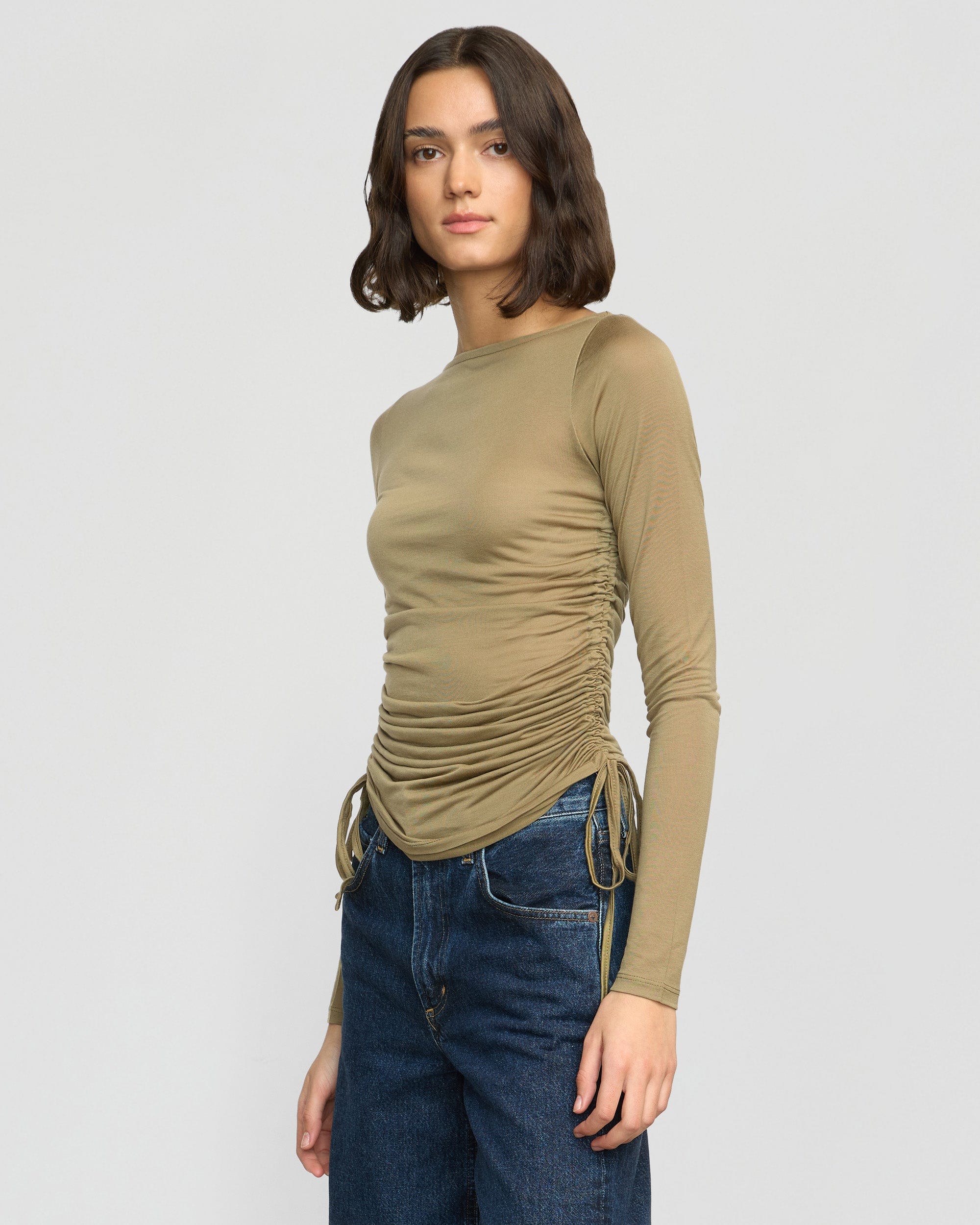 Joan Tencel Ruched Side Semi Sheer Tee - Women's Stylish Blouse for Casual Wear & Night Out | Breathable Comfort Top for Summer & Layering