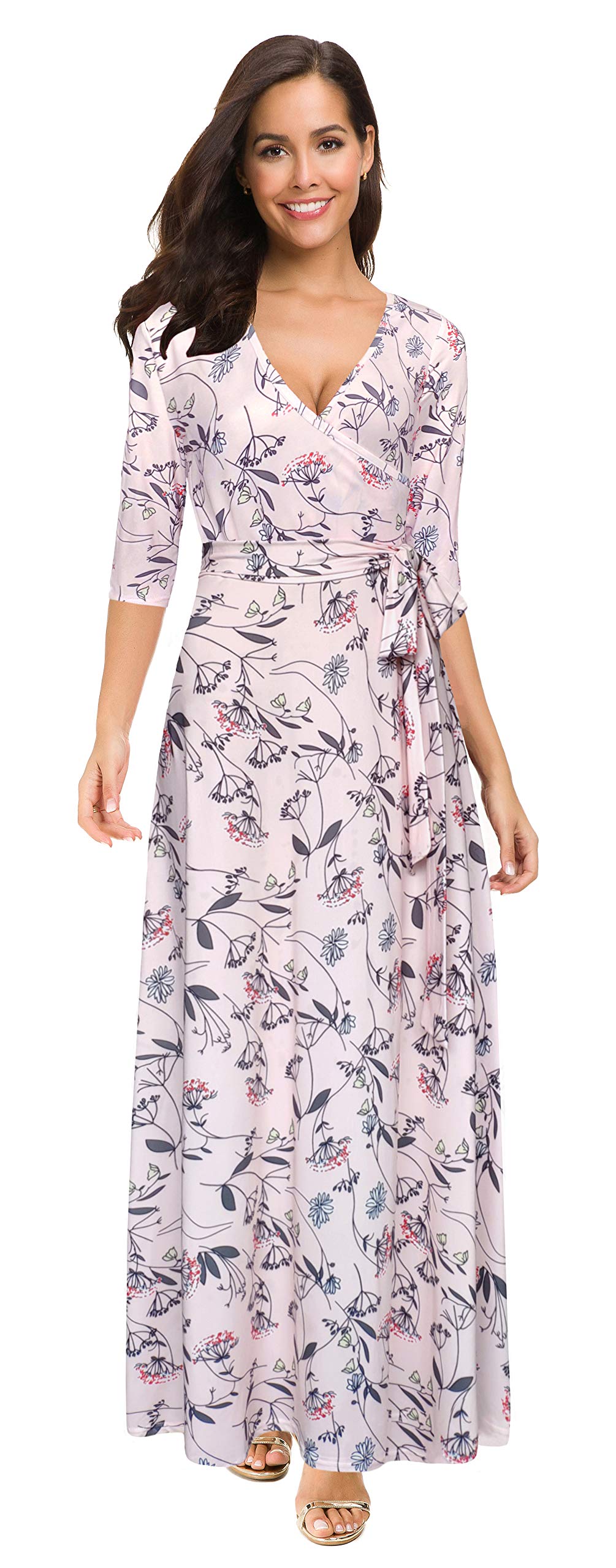 Afibi Women's Bohemian 3/4 Sleeve Faux Wrap Maxi Dress with Belt - Flowy Summer Beach Dress for Vacation, Date Night & Casual Outings