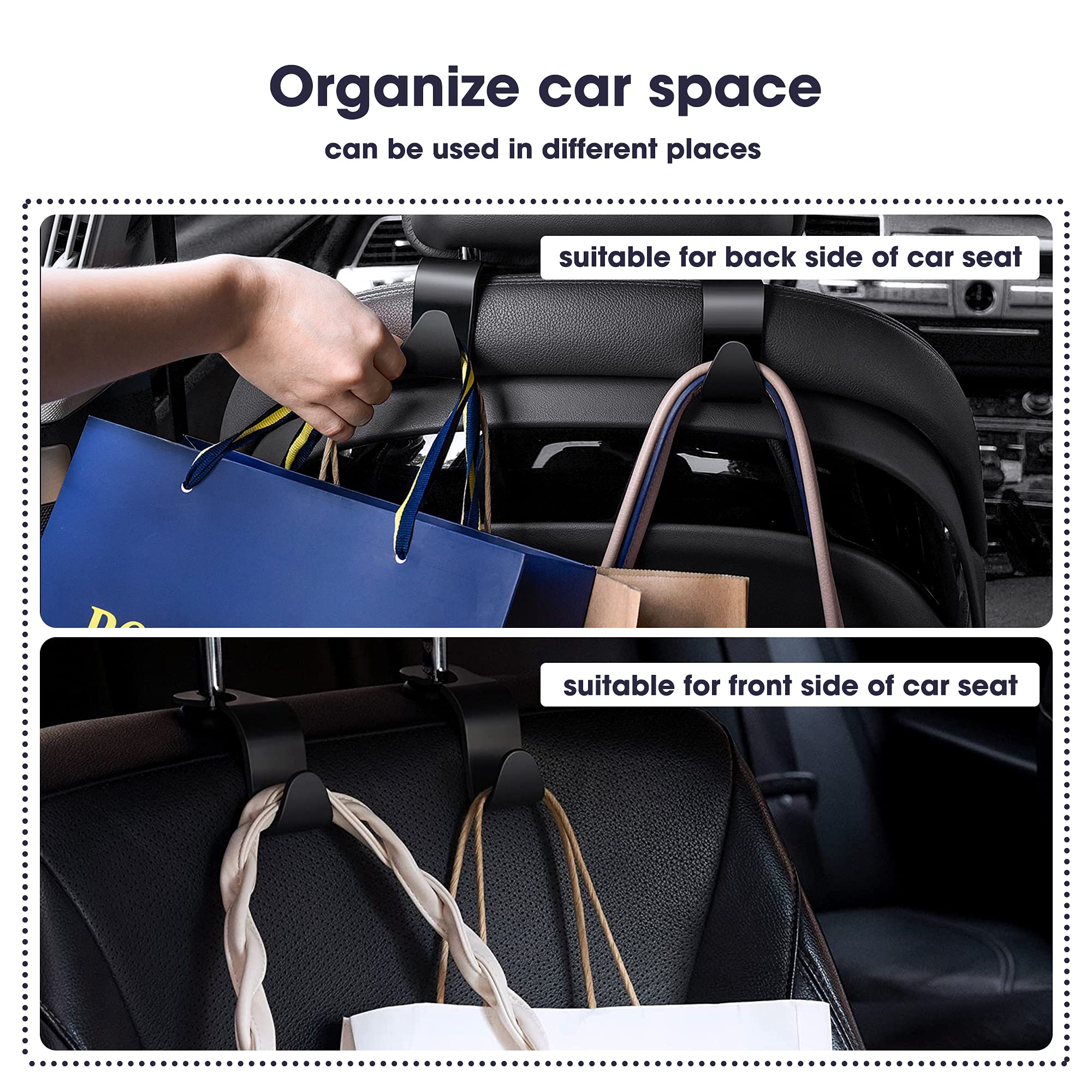 HOUSE DAY 4 Pack Heavy Duty Car Seat Headrest Hooks - Black Purse & Bag Holder for Vehicle, Space Saving Car Organizer - Perfect for Purses, Grocery Bags, Backpacks & Shopping Bags While Driving