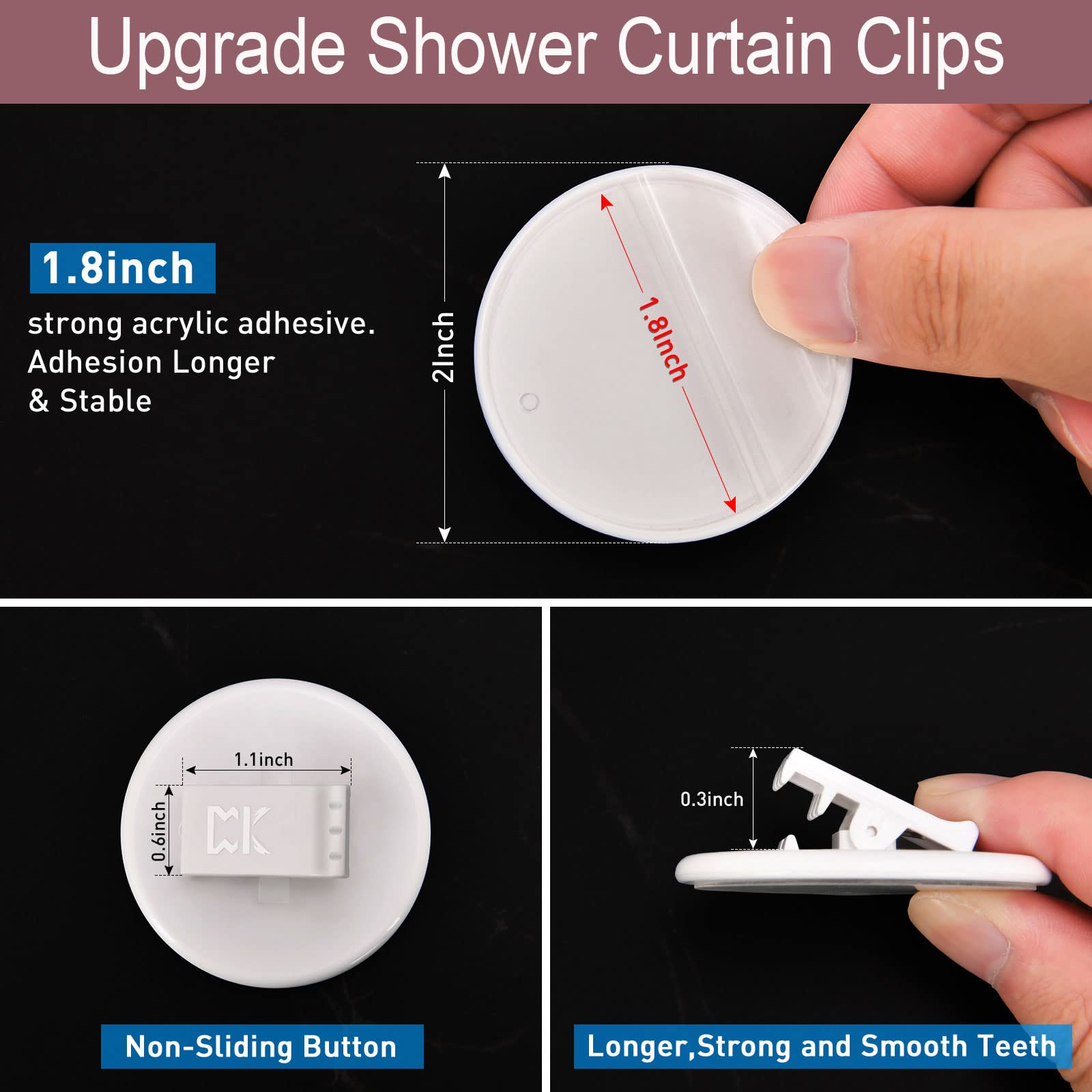 Windproof Shower Curtain Clips - Self-Adhesive Bathroom Splash Guard Clips (8-Pack, White) for Secure Shower Curtain & Water Containment in Bathrooms